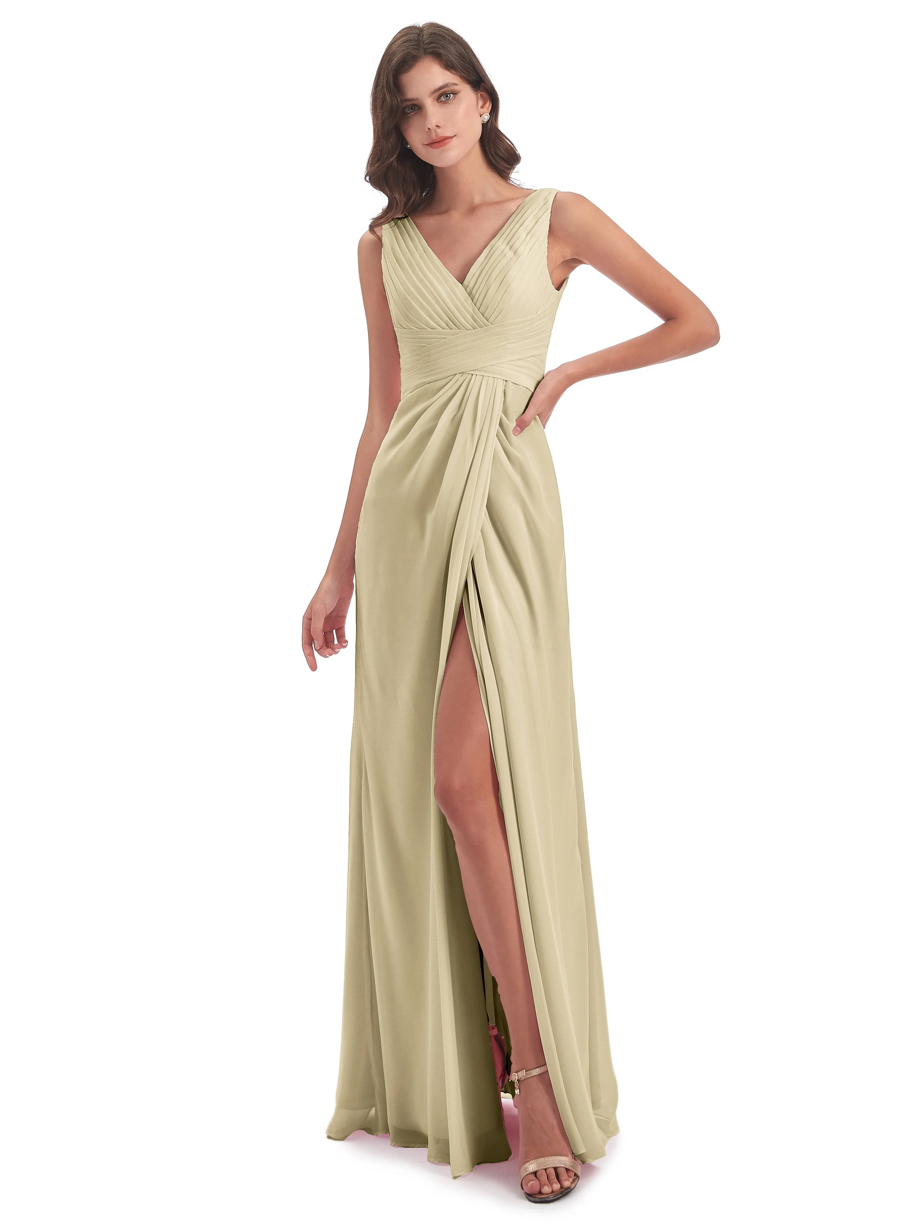 Caroline Unique V Neck Long Chiffon Bridesmaid Dresses