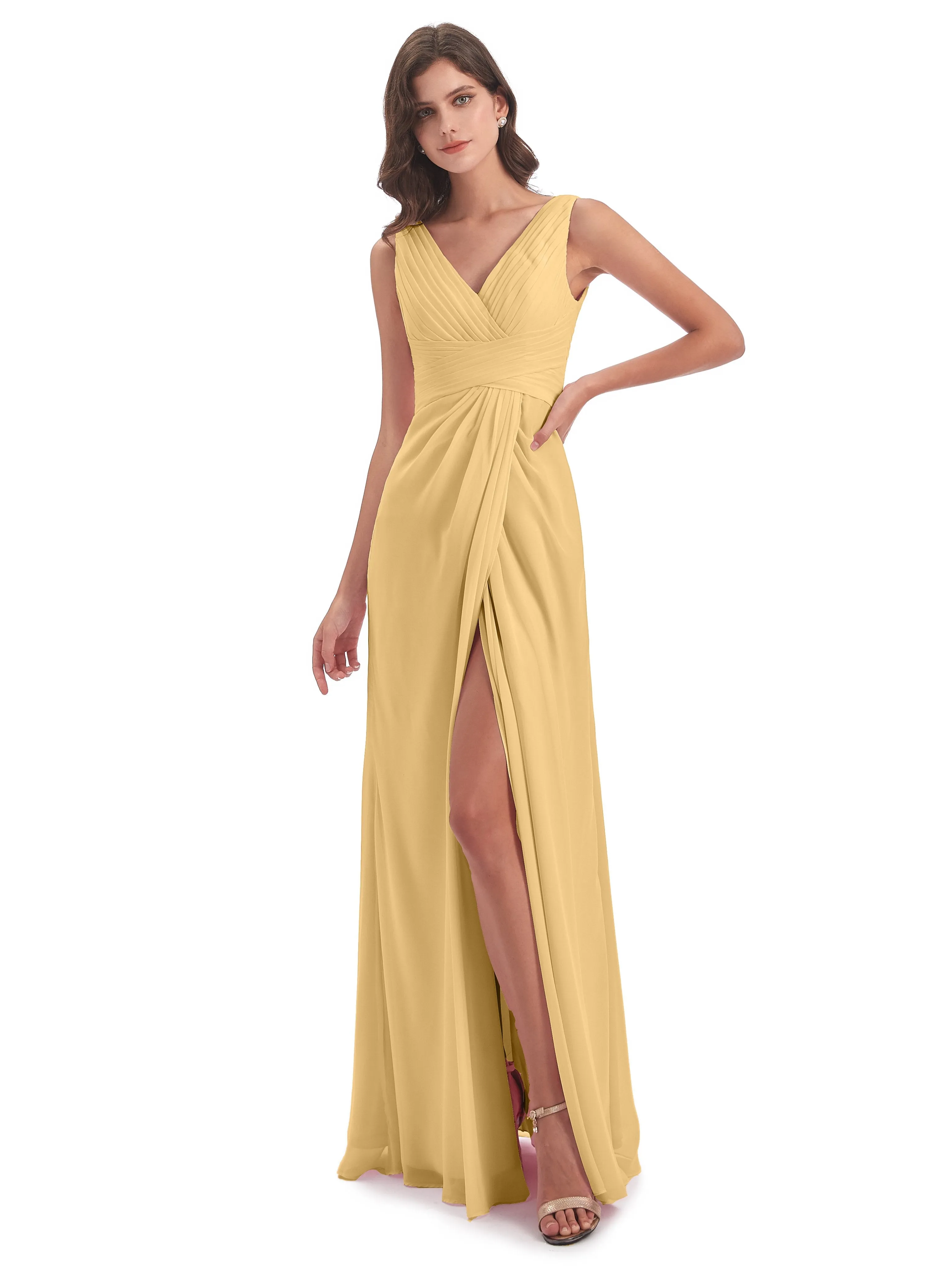 Caroline Unique V Neck Long Chiffon Bridesmaid Dresses