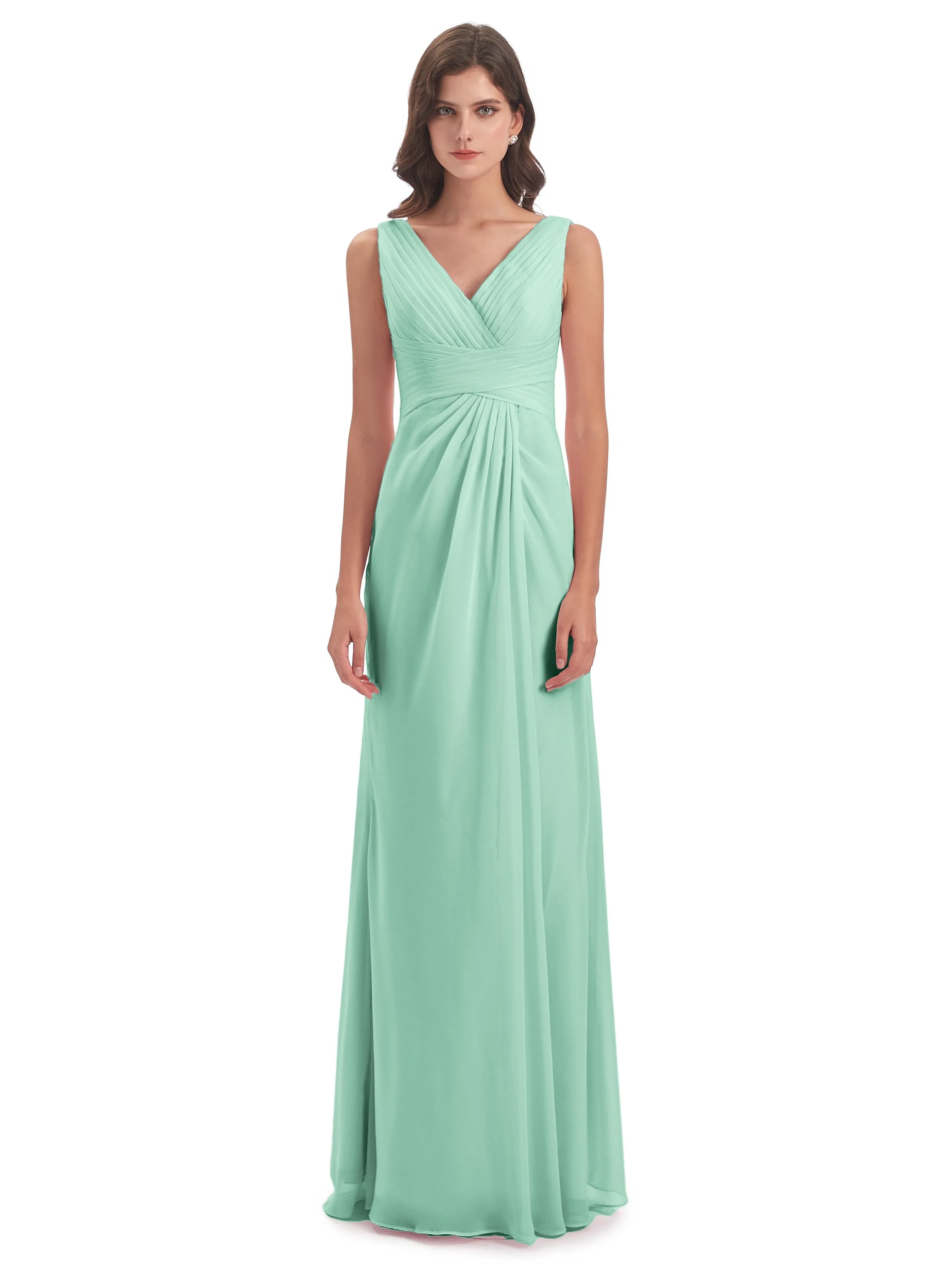 Caroline Unique V Neck Long Chiffon Bridesmaid Dresses