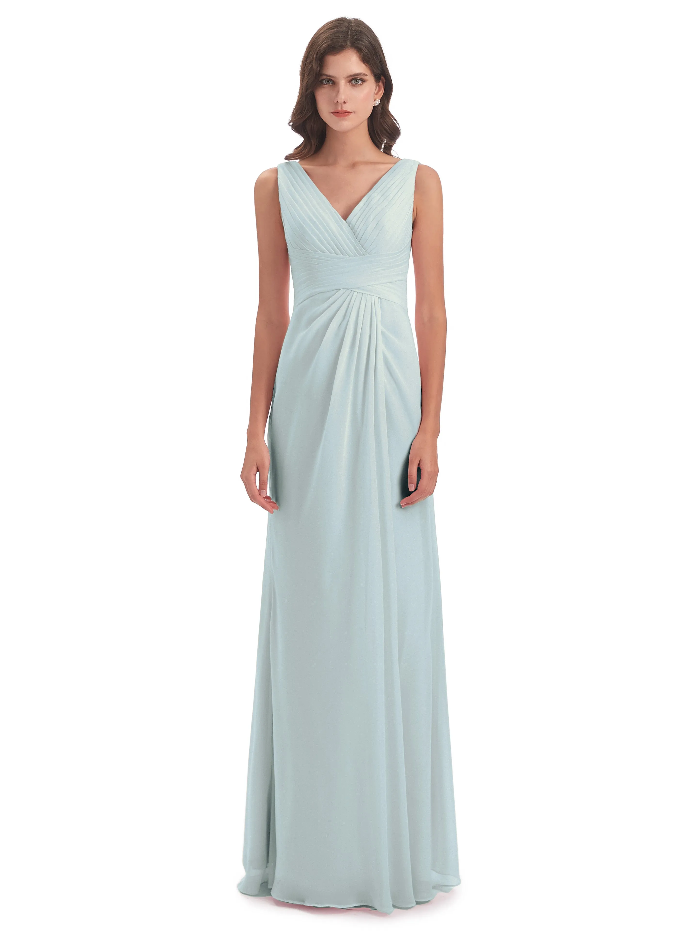 Caroline Unique V Neck Long Chiffon Bridesmaid Dresses