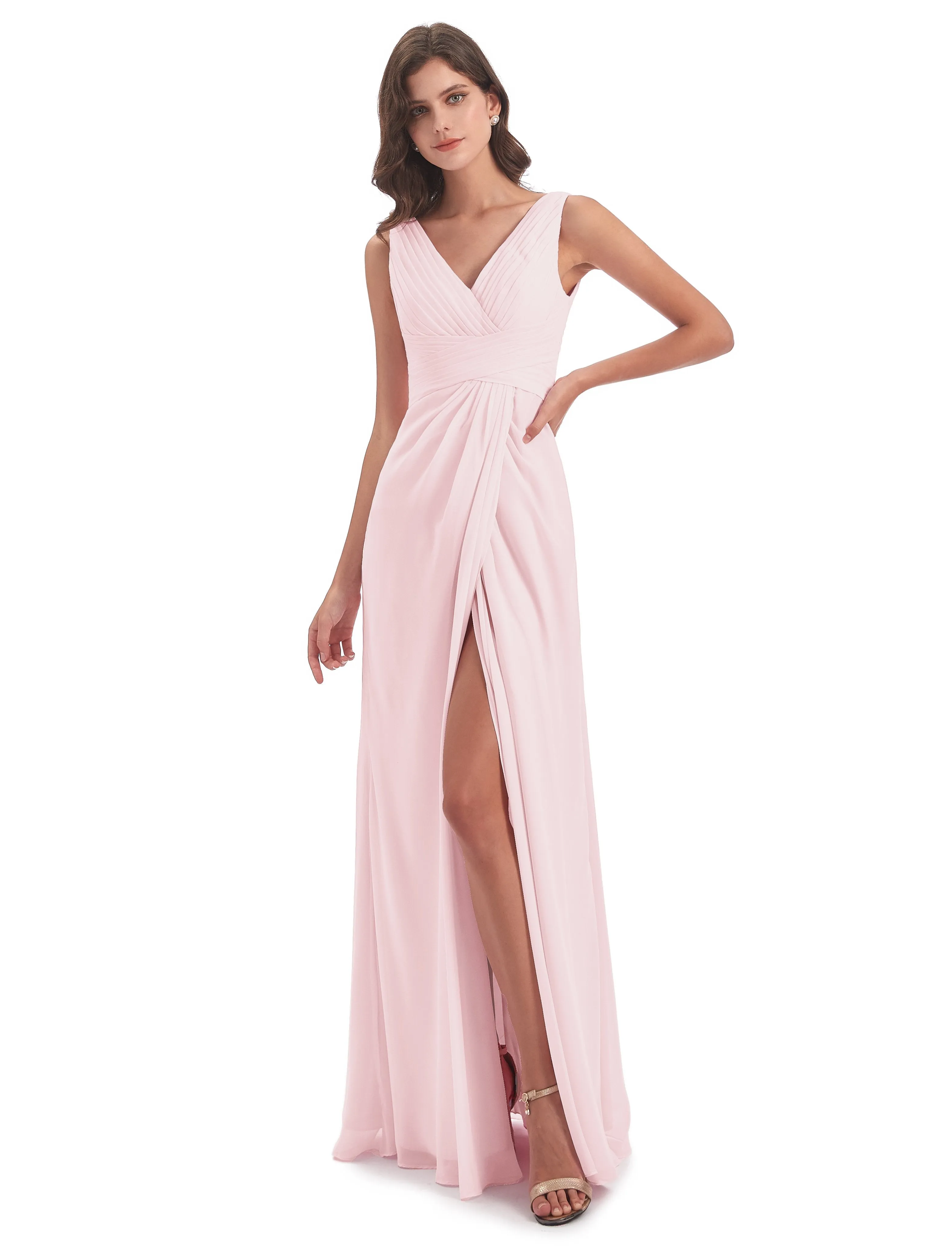 Caroline Unique V Neck Long Chiffon Bridesmaid Dresses