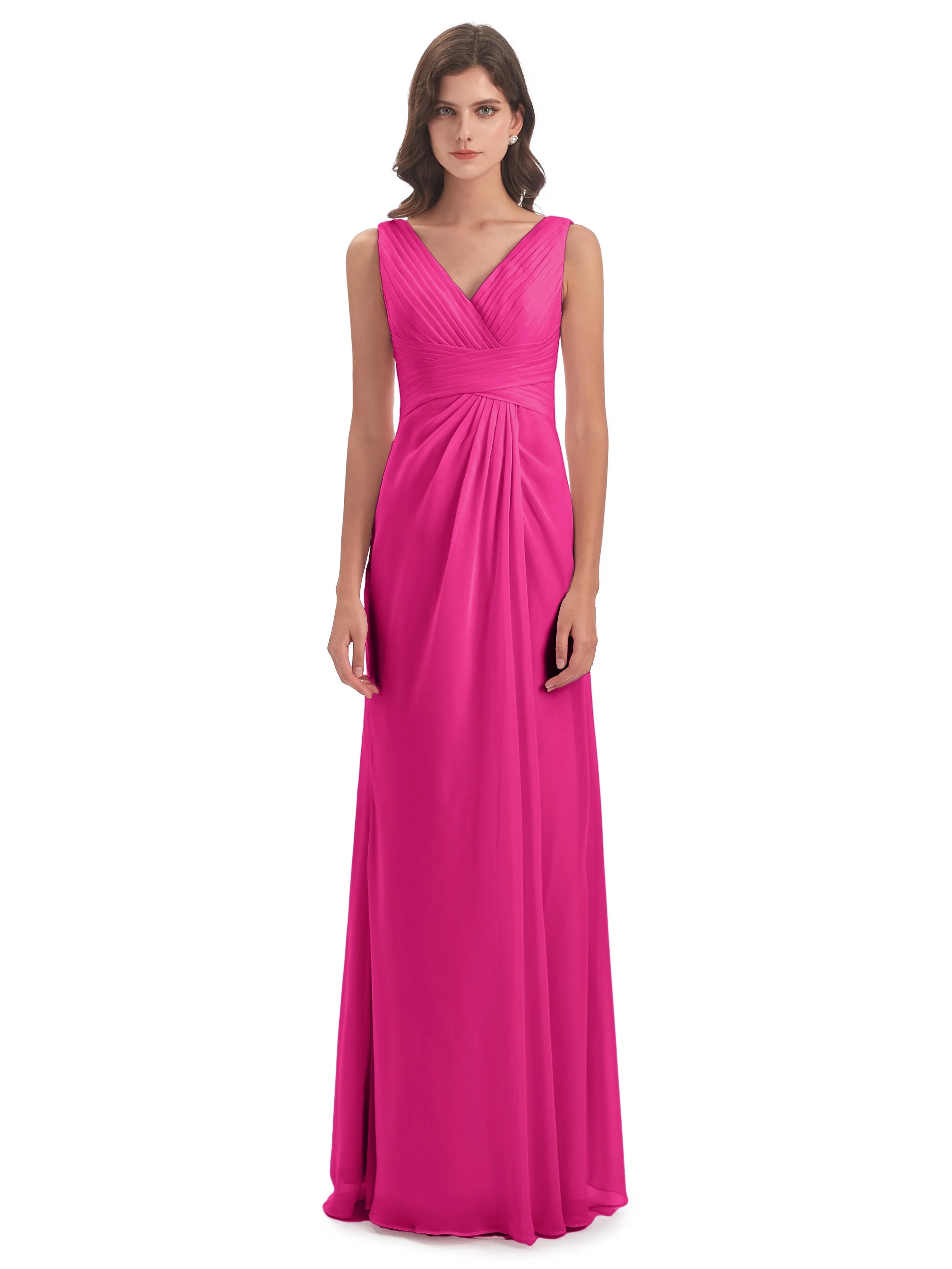 Caroline Unique V Neck Long Chiffon Bridesmaid Dresses