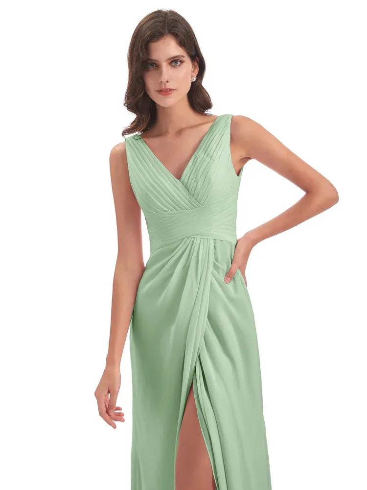 Caroline Unique V Neck Long Chiffon Bridesmaid Dresses