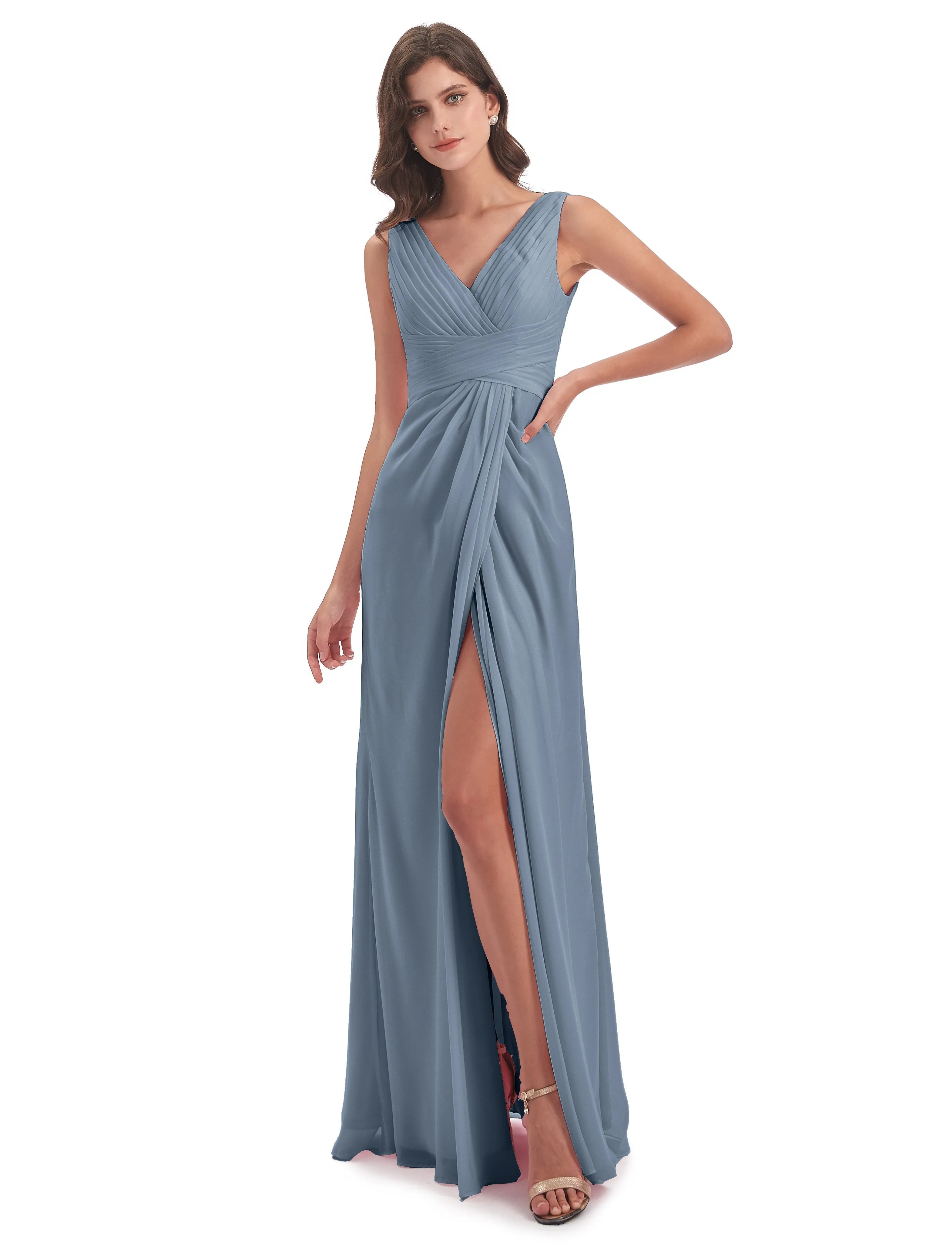 Caroline Unique V Neck Long Chiffon Bridesmaid Dresses