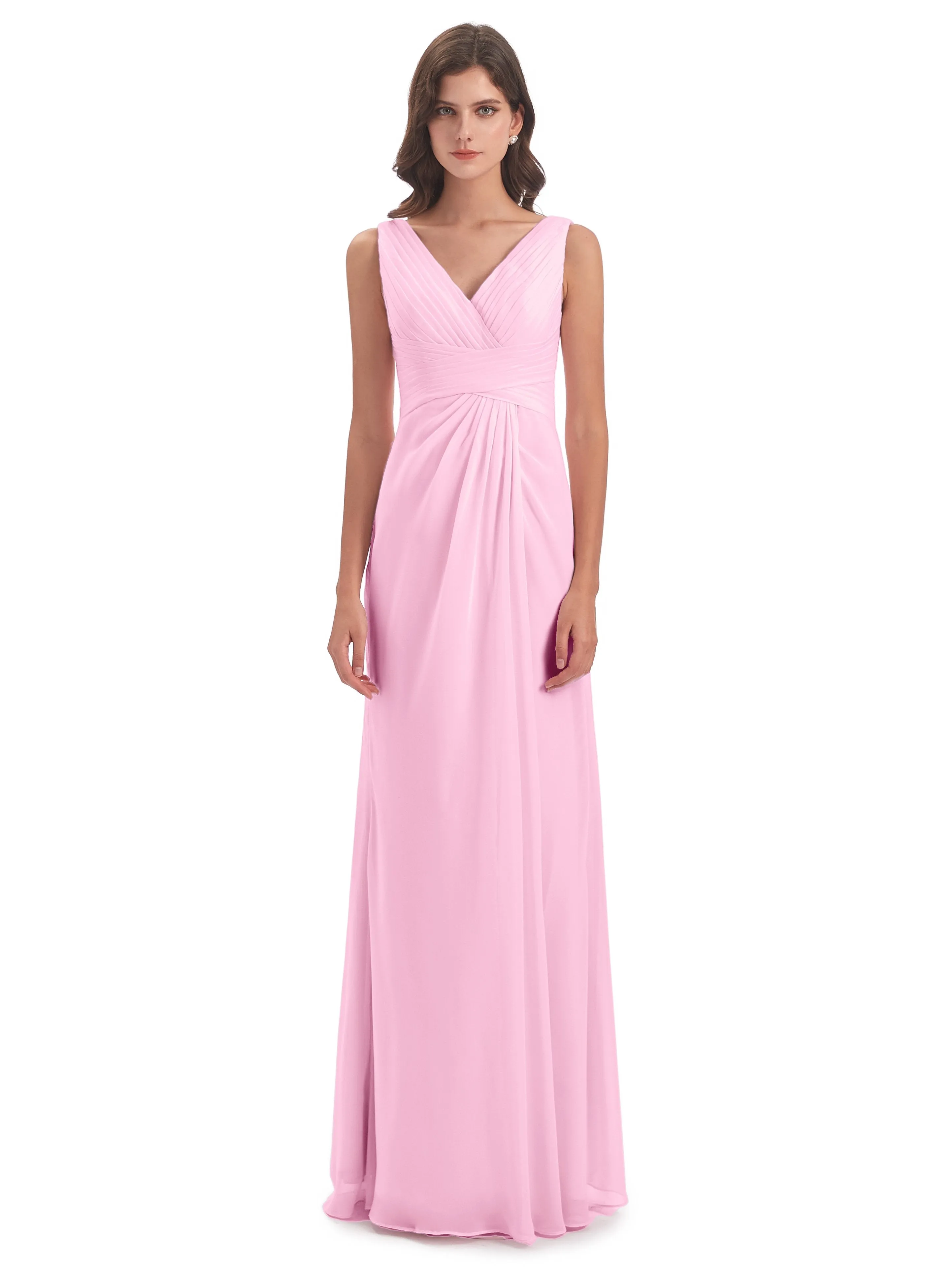 Caroline Unique V Neck Long Chiffon Bridesmaid Dresses