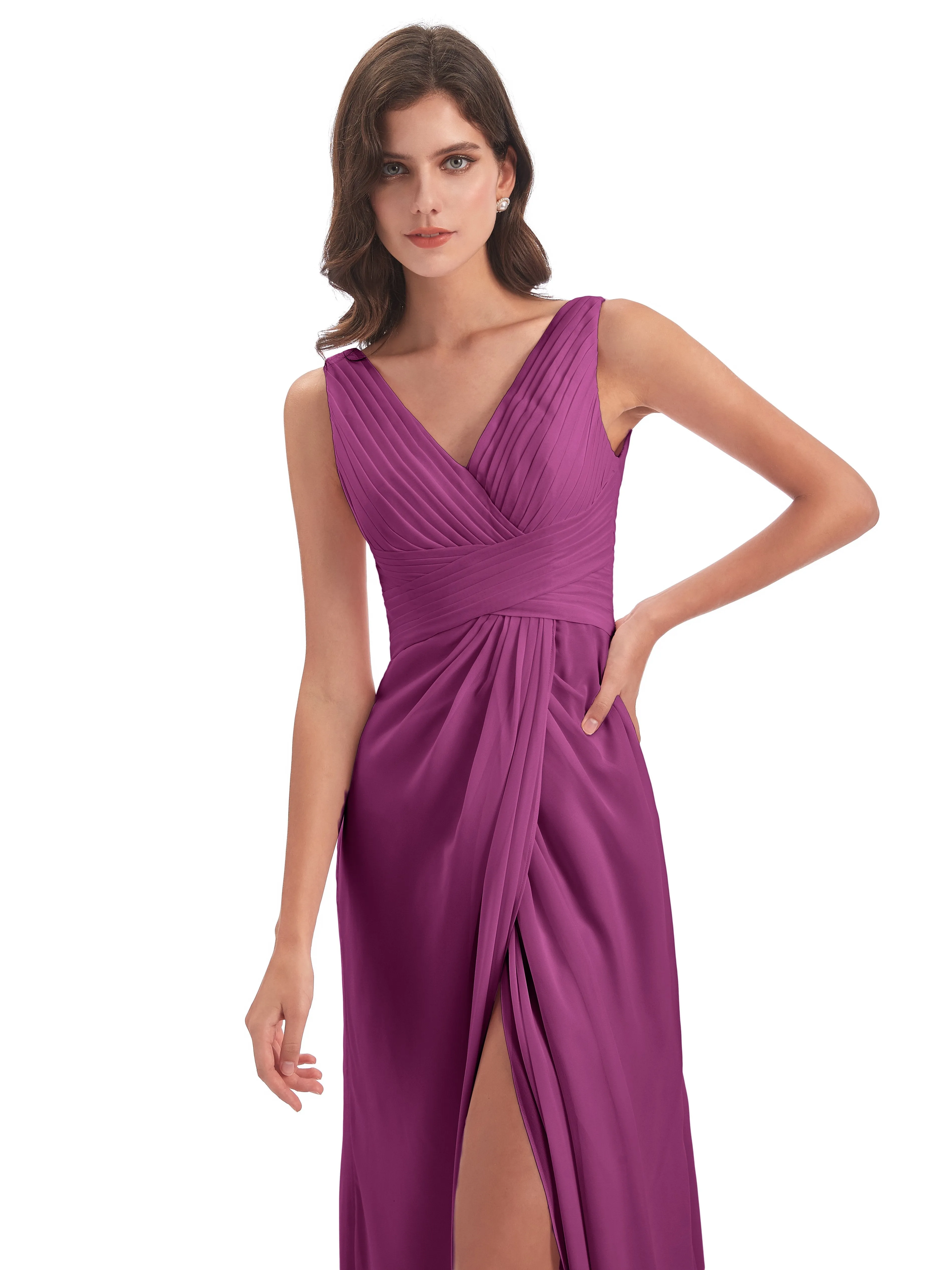 Caroline Unique V Neck Long Chiffon Bridesmaid Dresses