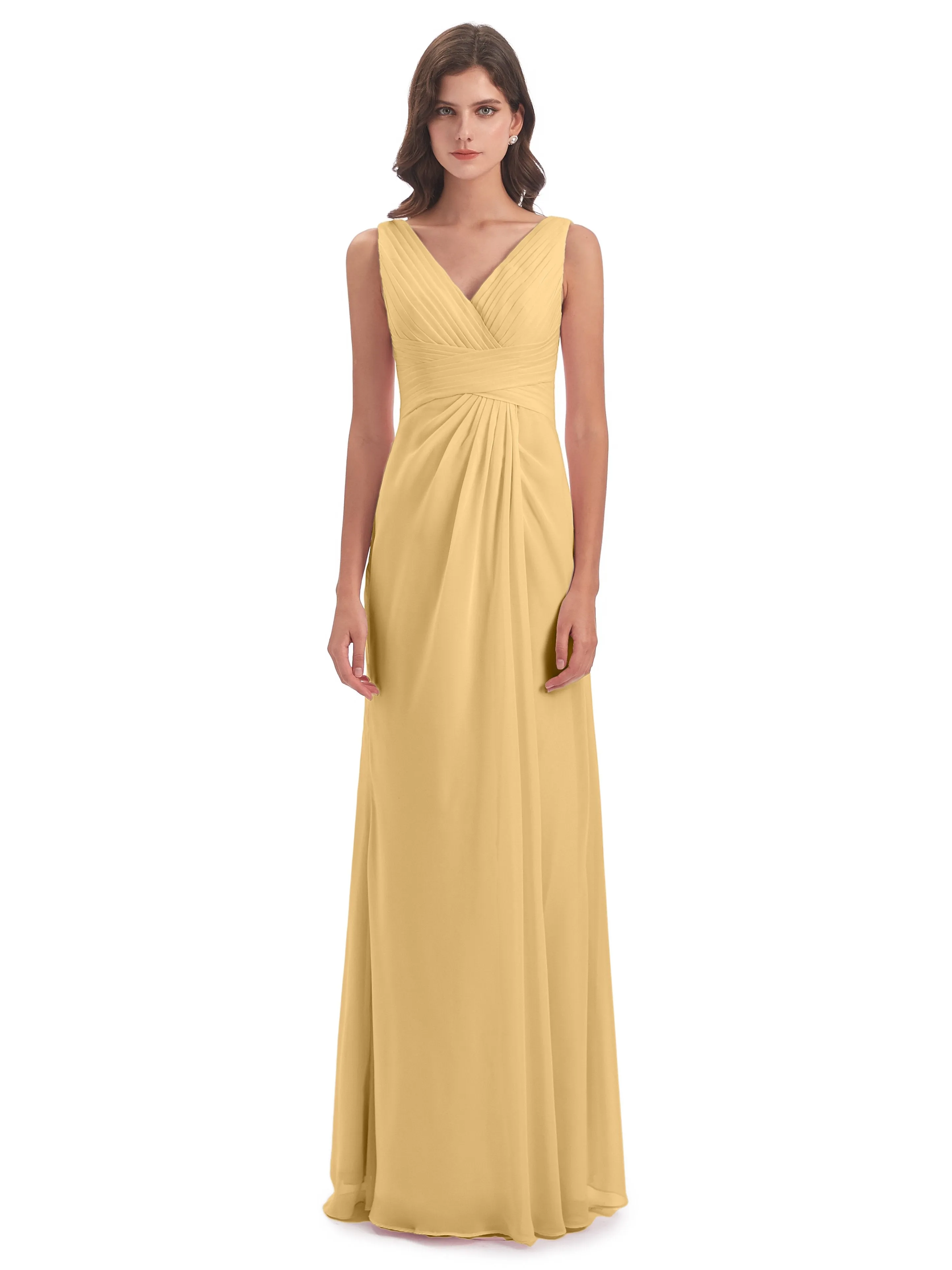 Caroline Unique V Neck Long Chiffon Bridesmaid Dresses