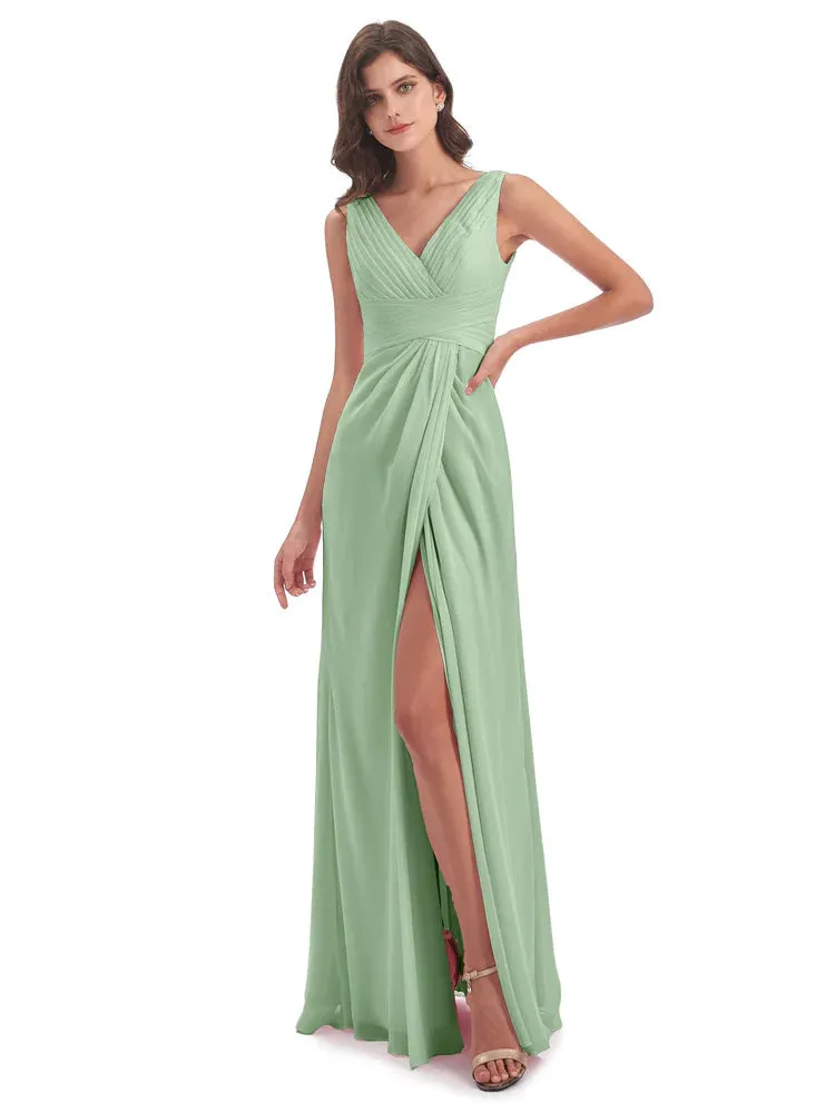 Caroline Unique V Neck Long Chiffon Bridesmaid Dresses