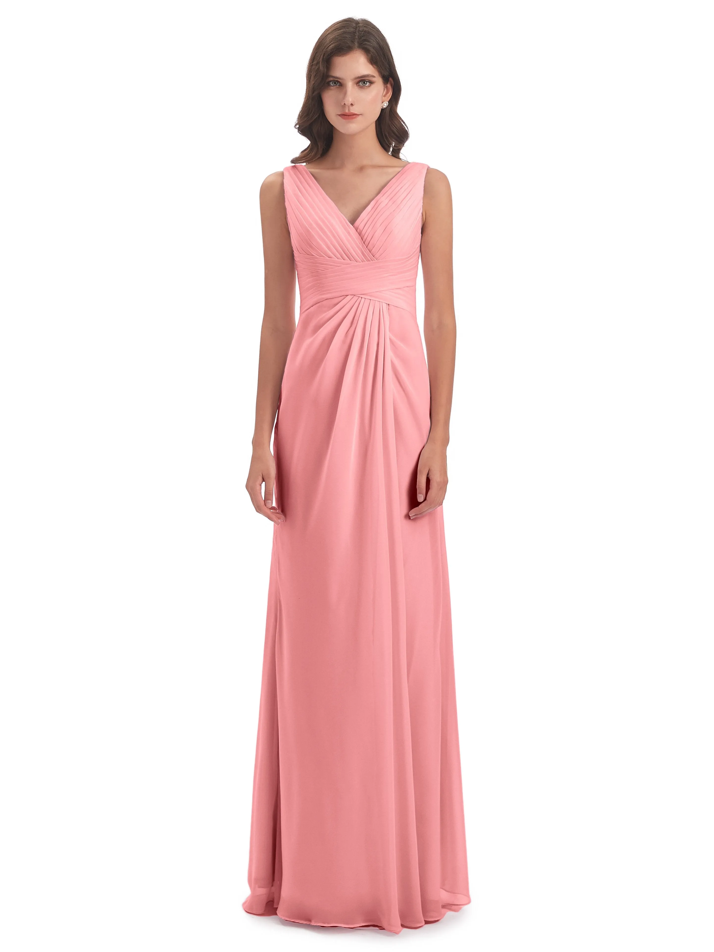 Caroline Unique V Neck Long Chiffon Bridesmaid Dresses