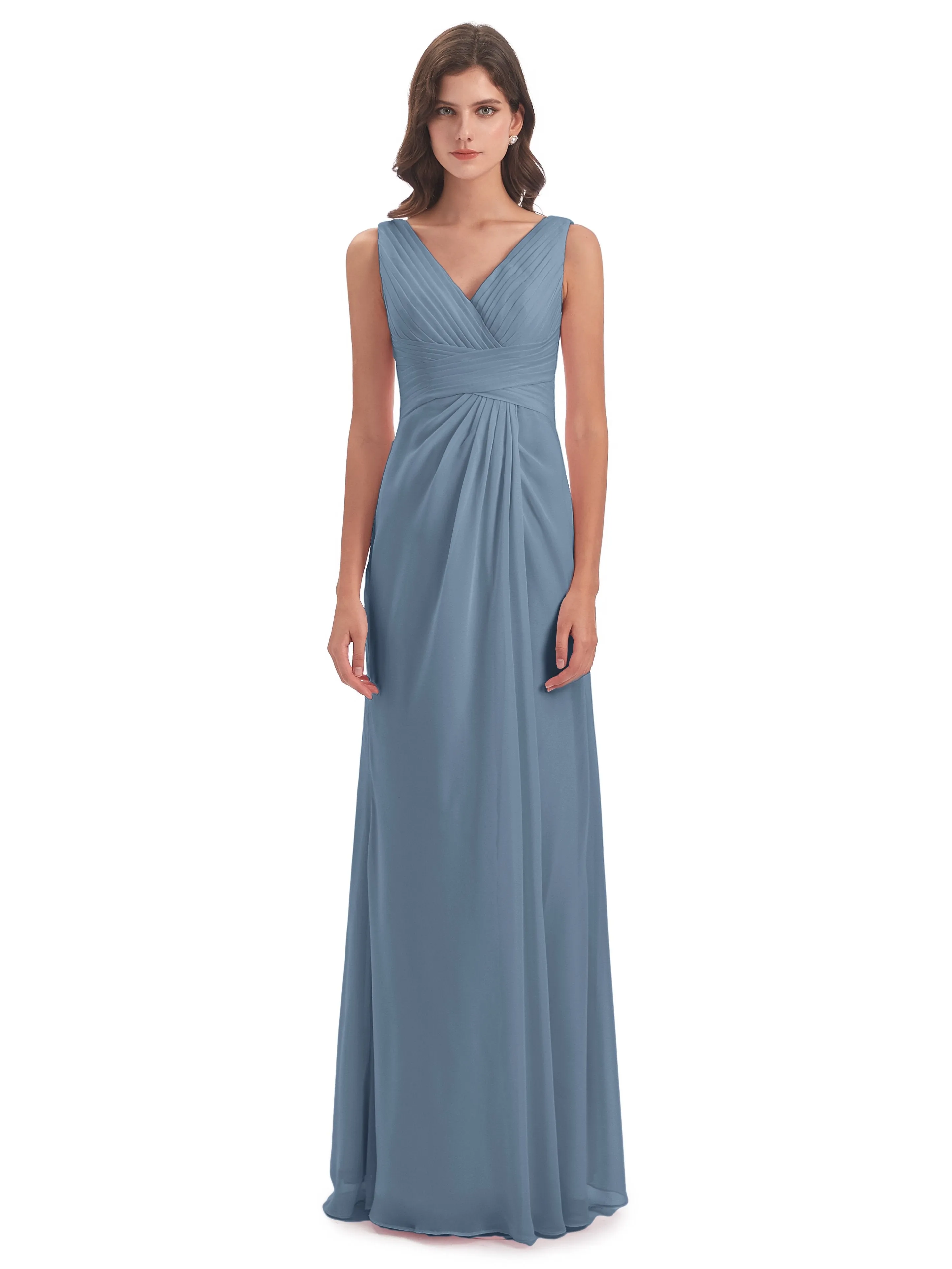 Caroline Unique V Neck Long Chiffon Bridesmaid Dresses