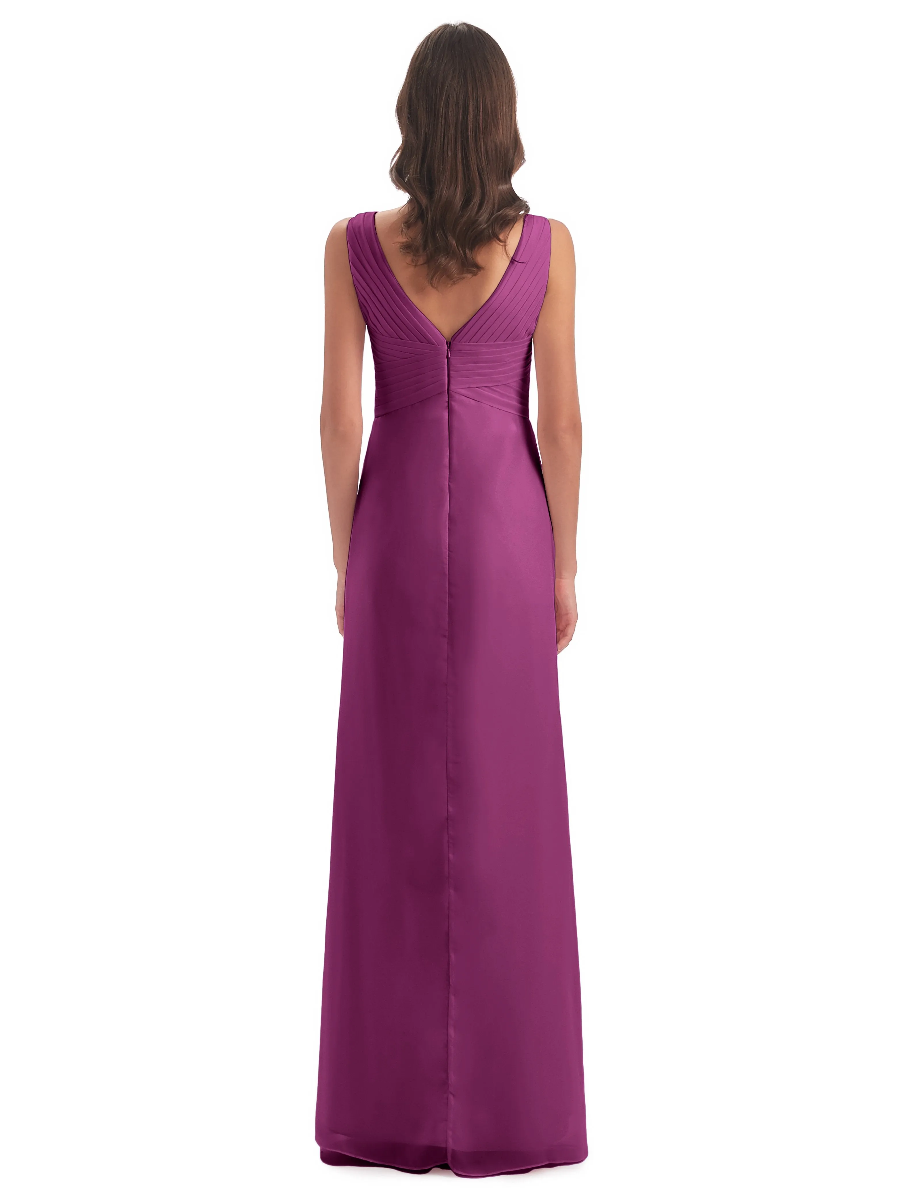 Caroline Unique V Neck Long Chiffon Bridesmaid Dresses