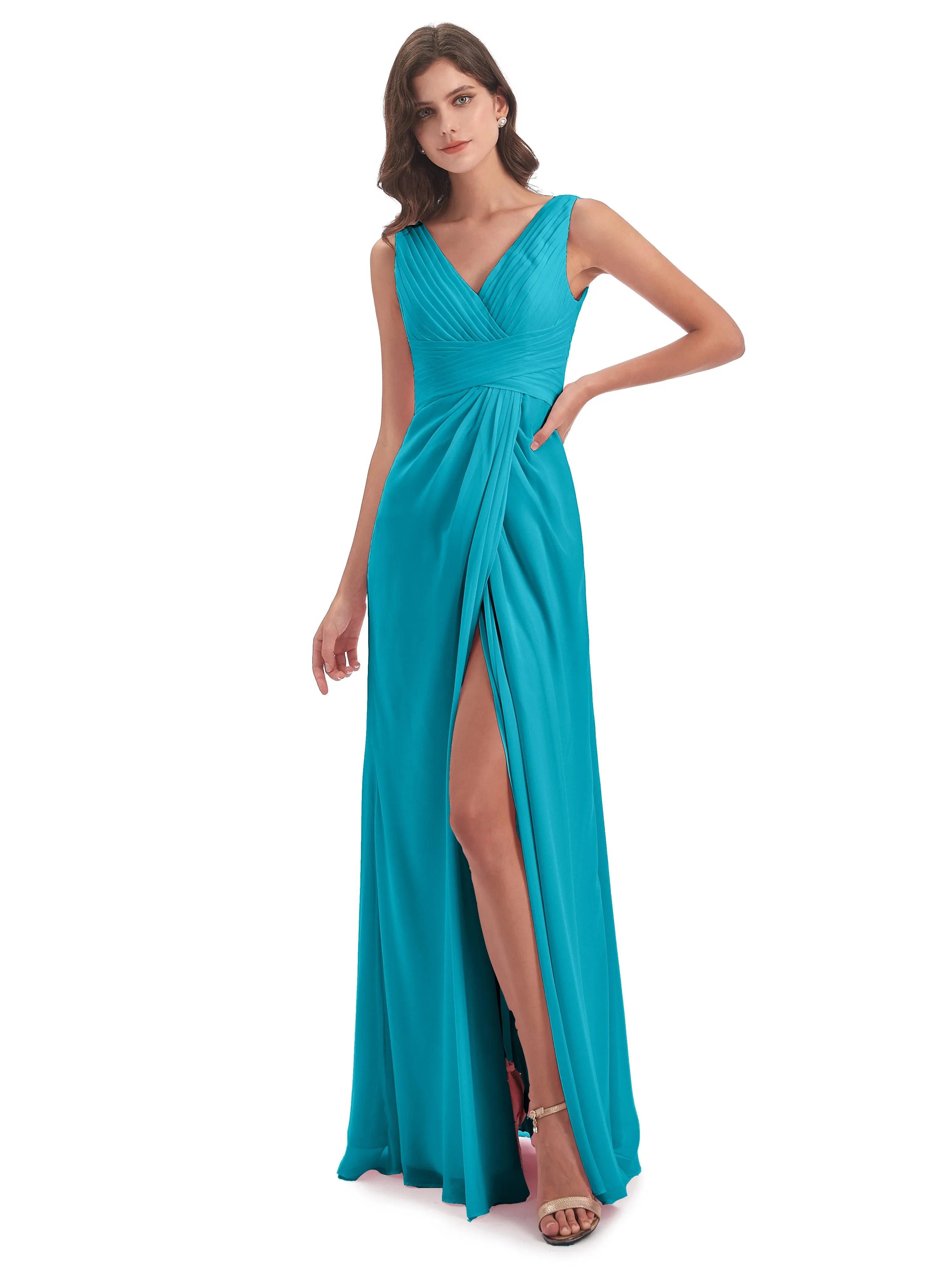 Caroline Unique V Neck Long Chiffon Bridesmaid Dresses