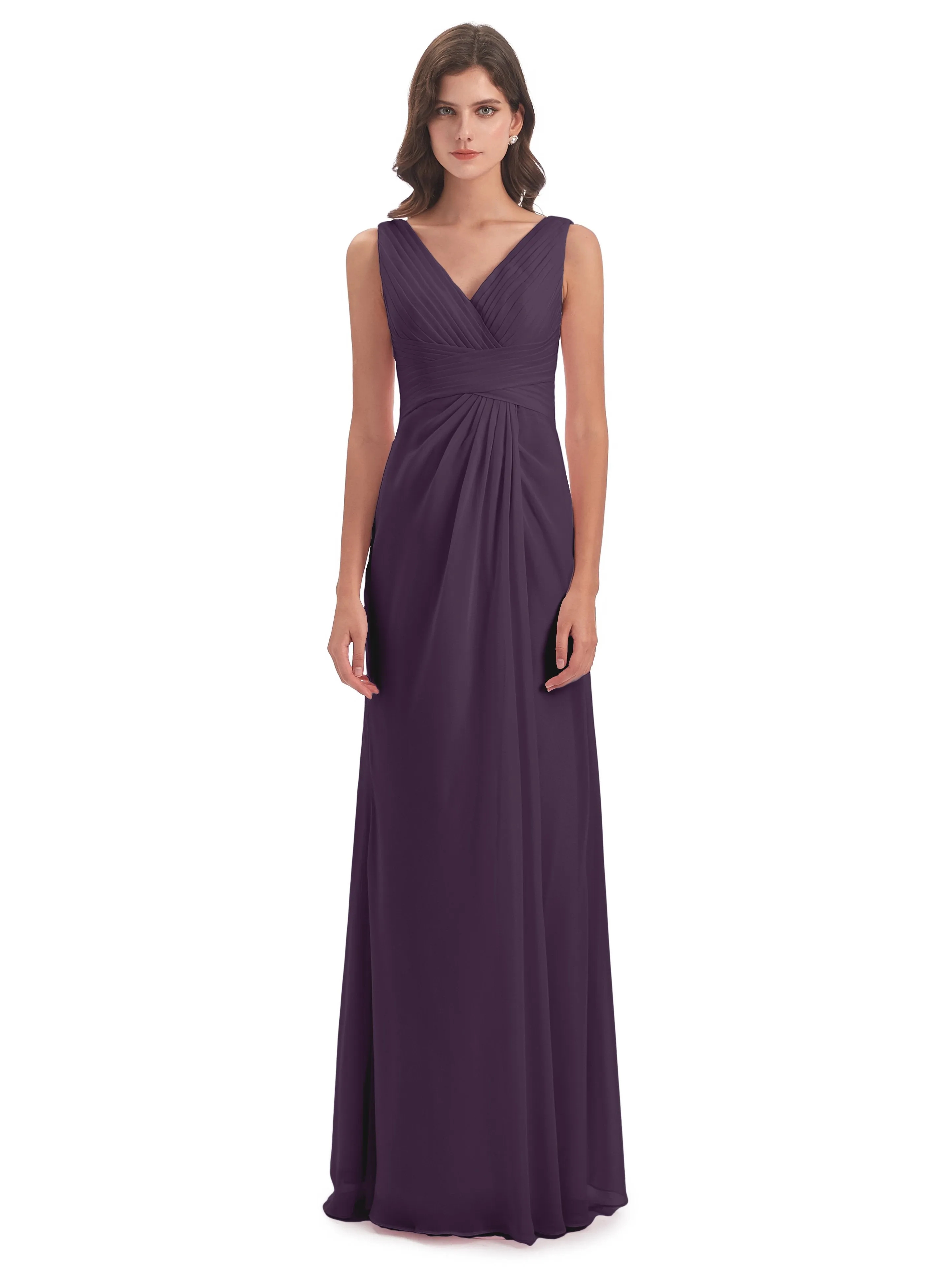 Caroline Unique V Neck Long Chiffon Bridesmaid Dresses