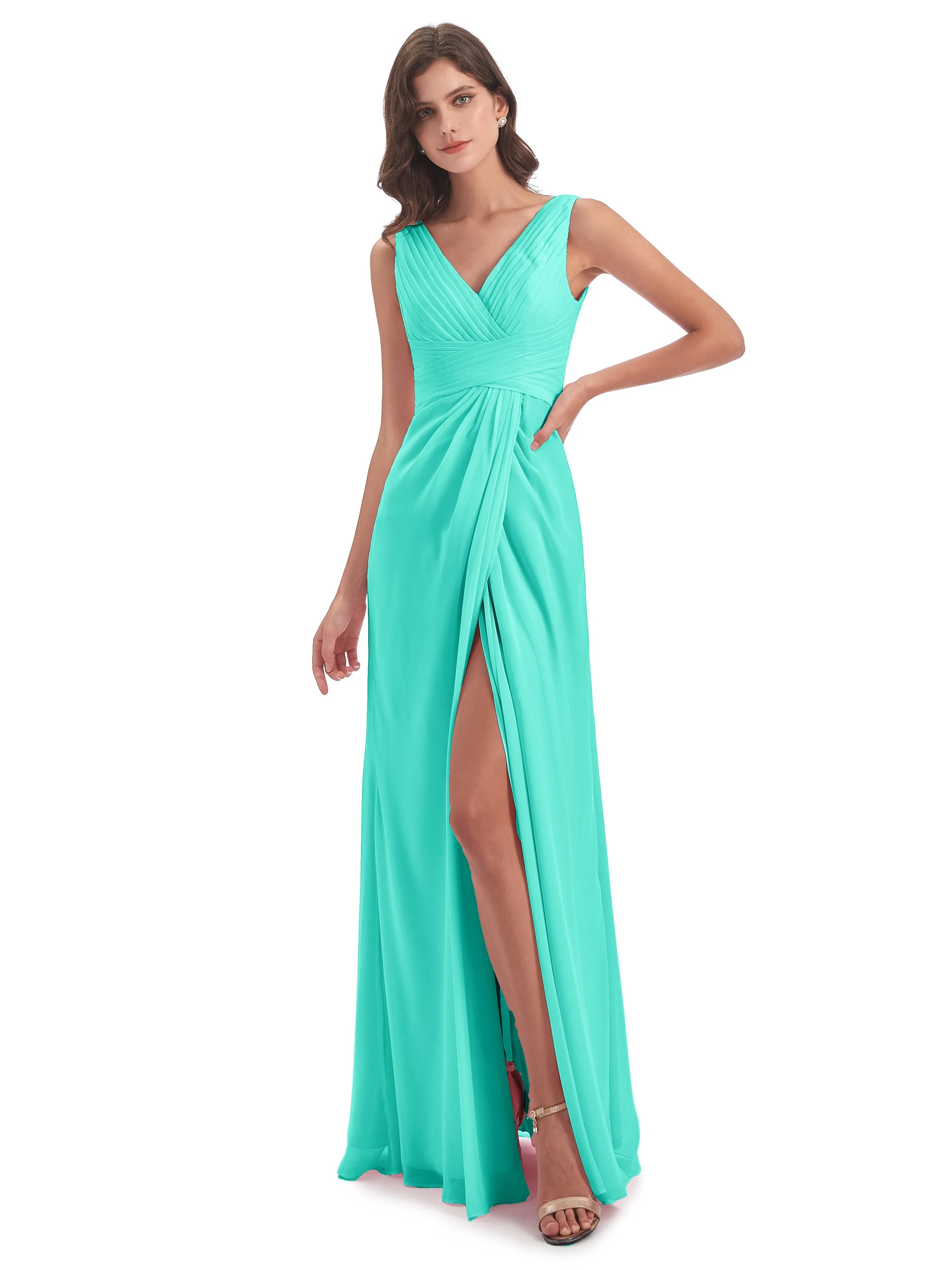 Caroline Unique V Neck Long Chiffon Bridesmaid Dresses