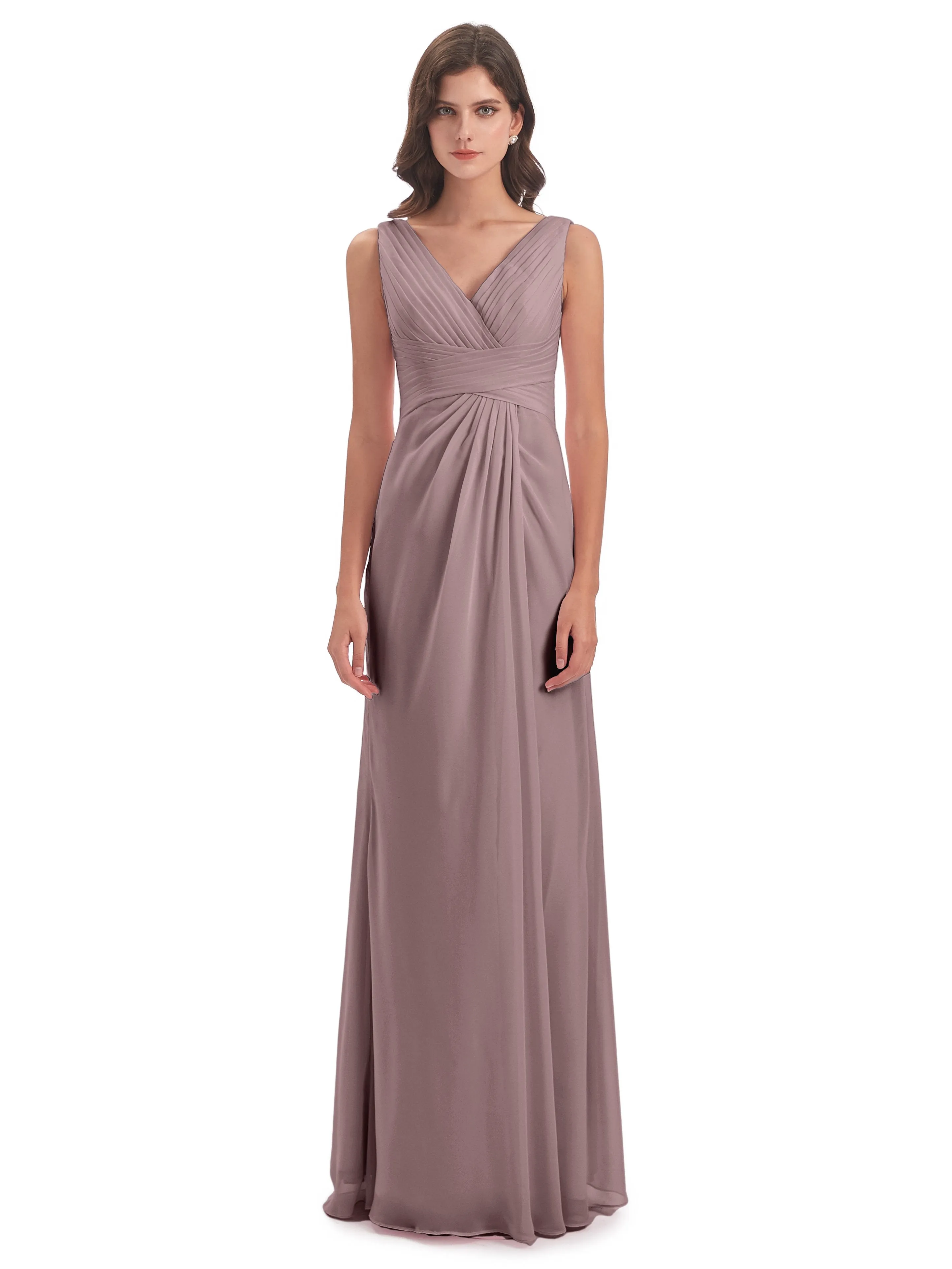 Caroline Unique V Neck Long Chiffon Bridesmaid Dresses