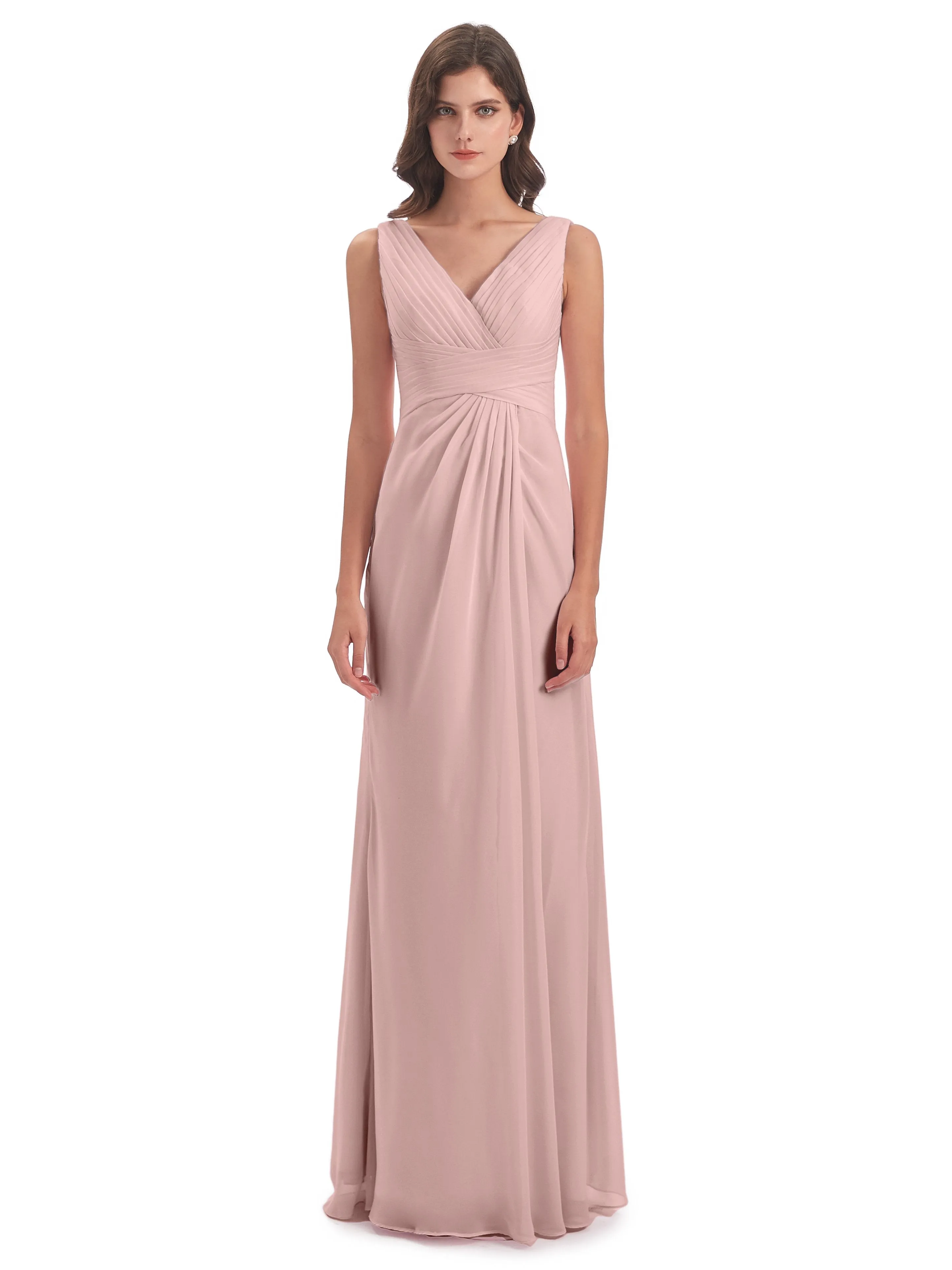 Caroline Unique V Neck Long Chiffon Bridesmaid Dresses