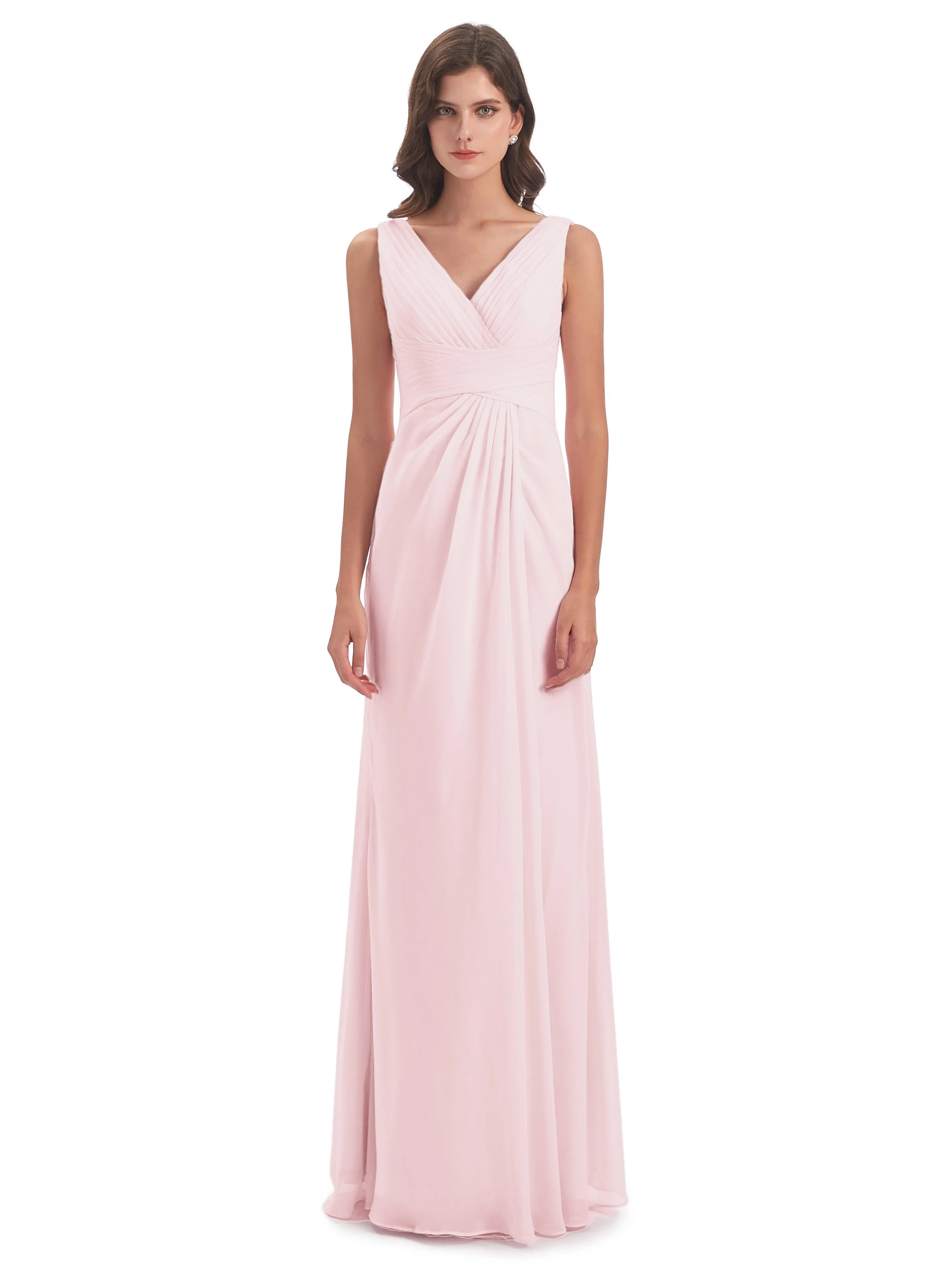 Caroline Unique V Neck Long Chiffon Bridesmaid Dresses