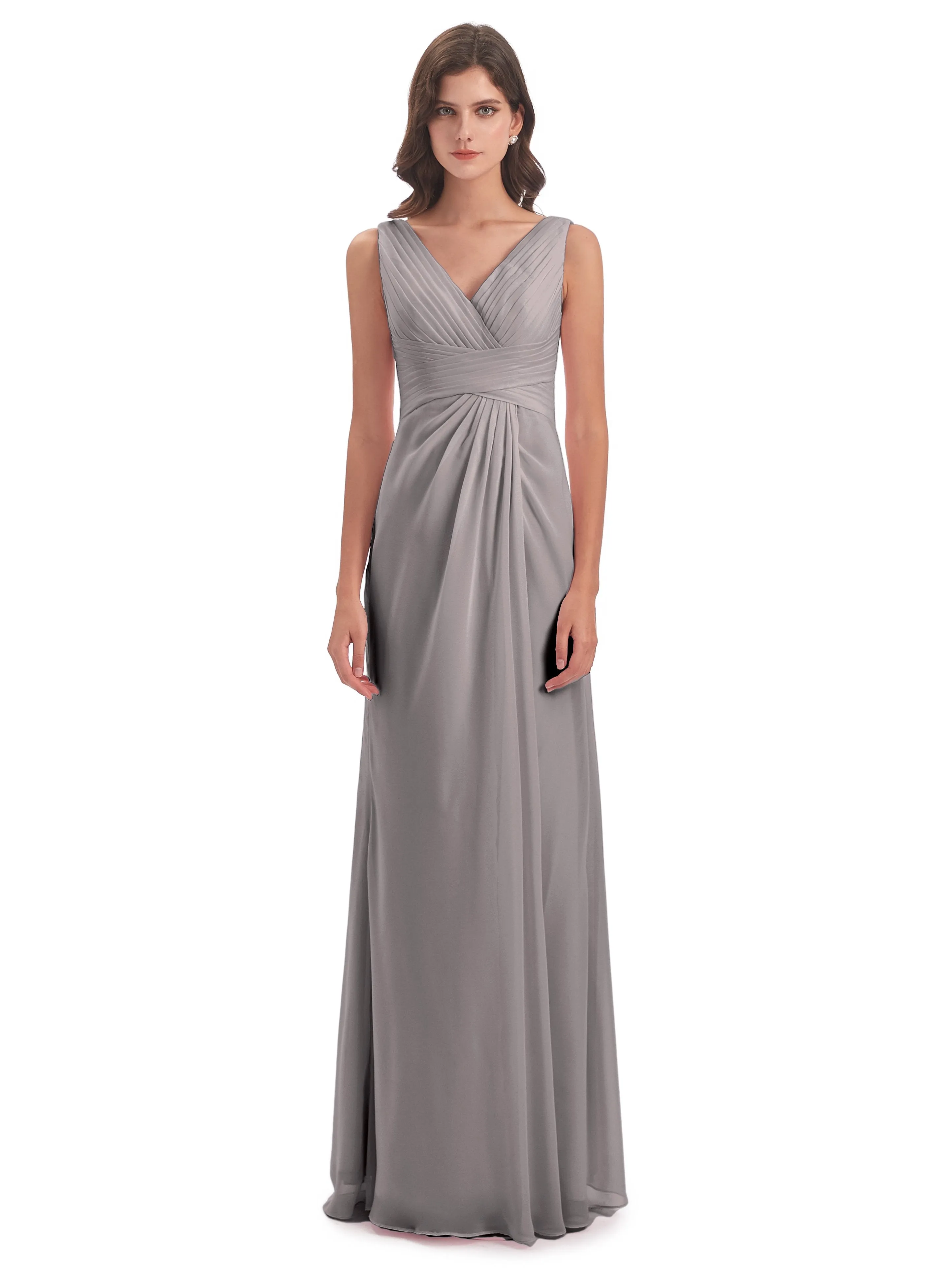 Caroline Unique V Neck Long Chiffon Bridesmaid Dresses