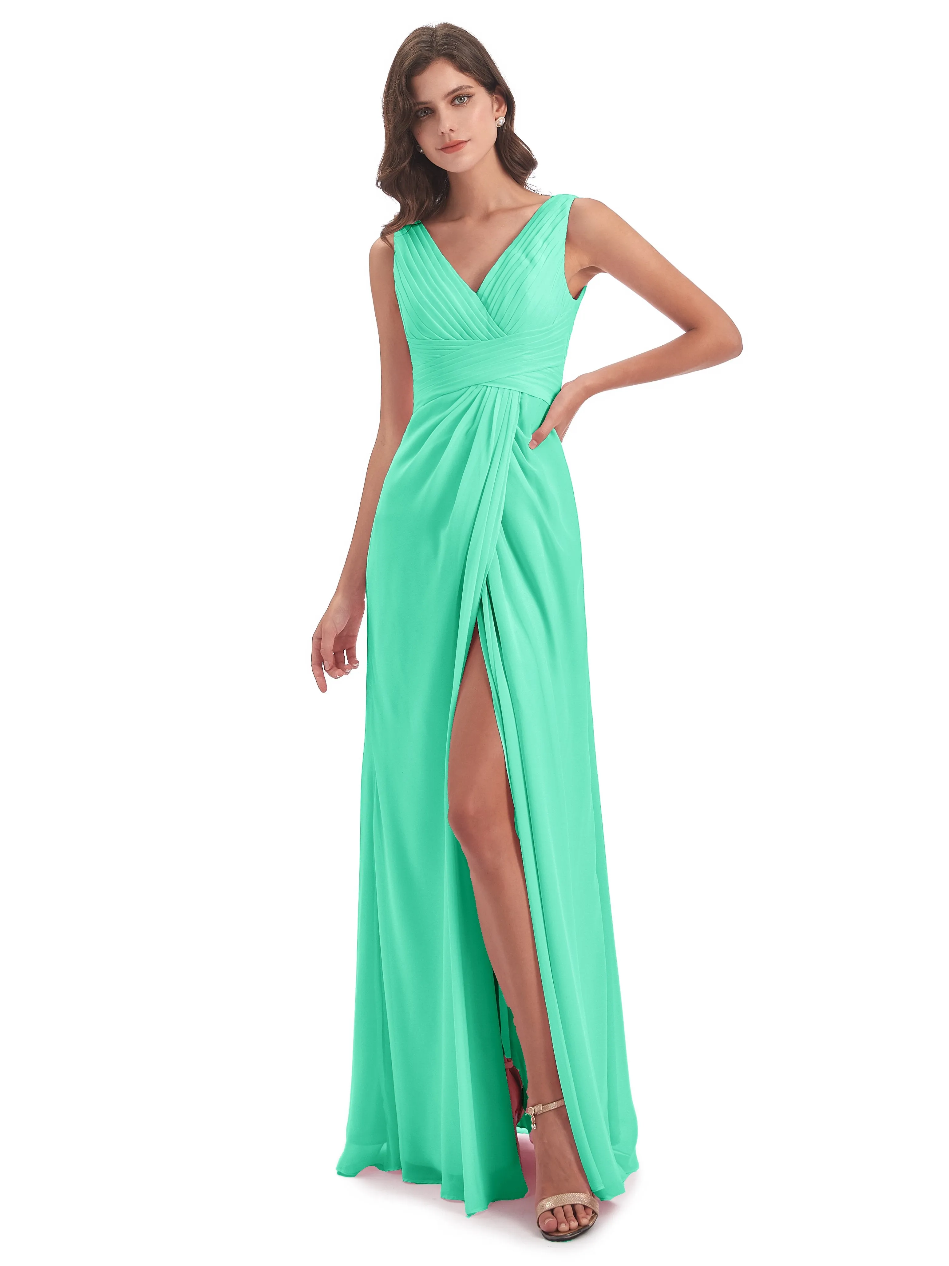 Caroline Unique V Neck Long Chiffon Bridesmaid Dresses