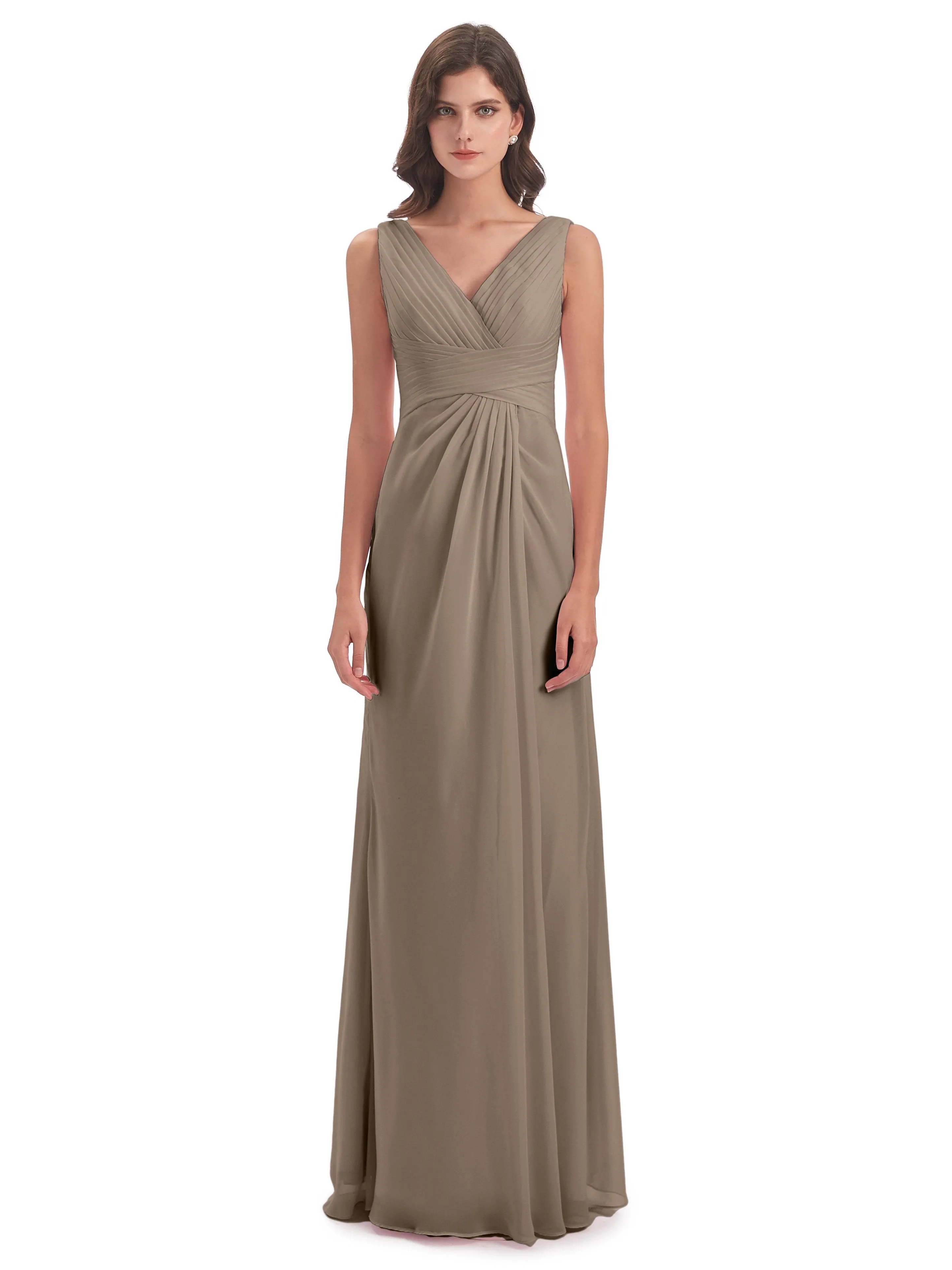 Caroline Unique V Neck Long Chiffon Bridesmaid Dresses