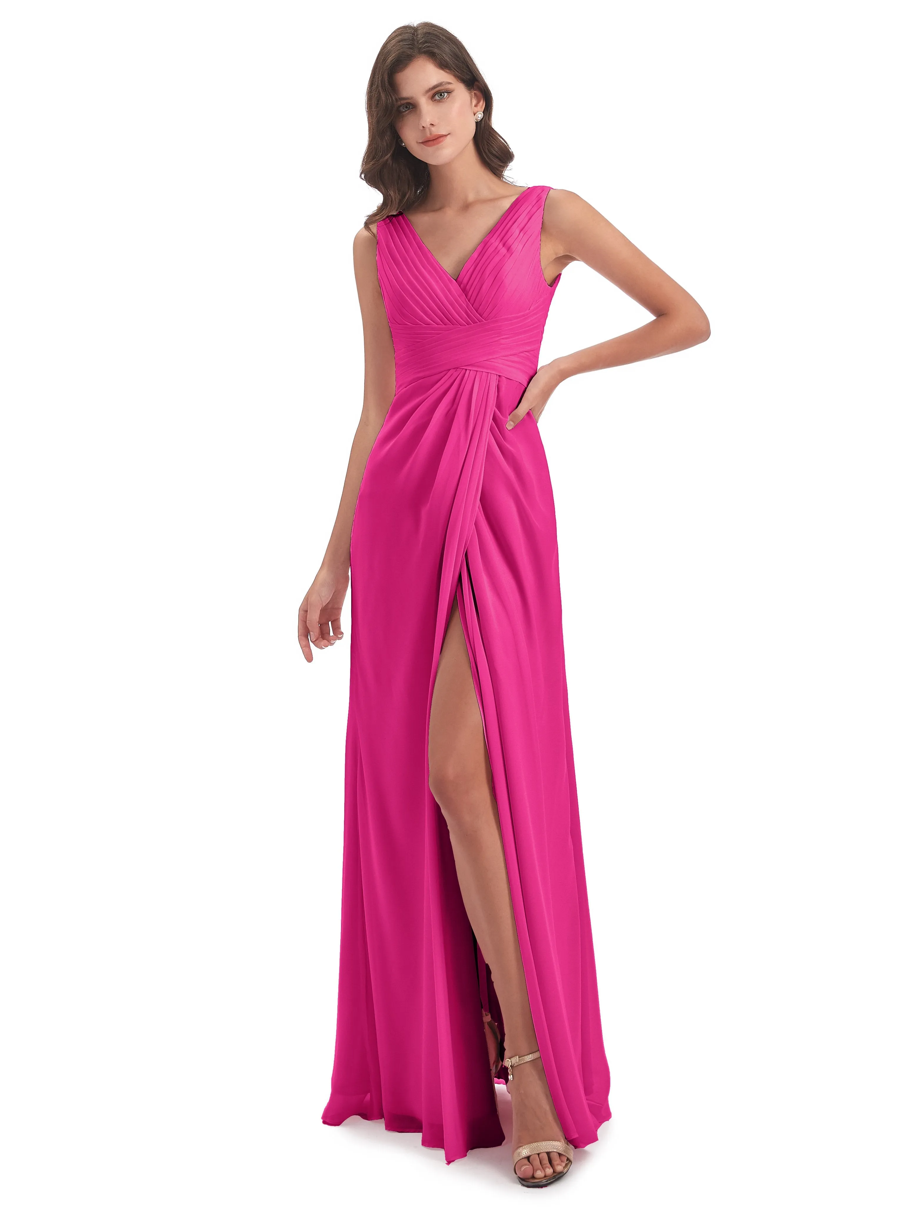 Caroline Unique V Neck Long Chiffon Bridesmaid Dresses