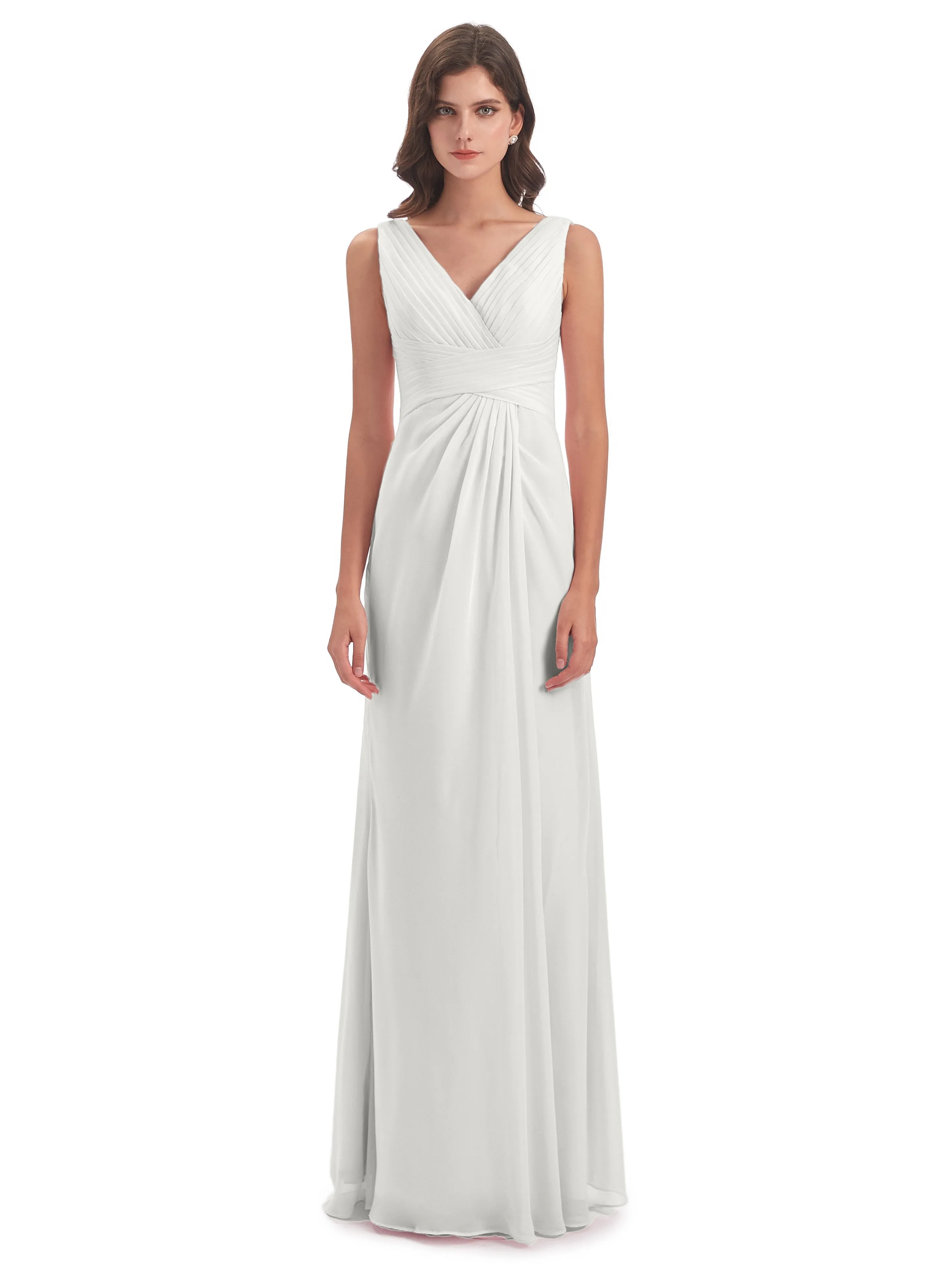 Caroline Unique V Neck Long Chiffon Bridesmaid Dresses