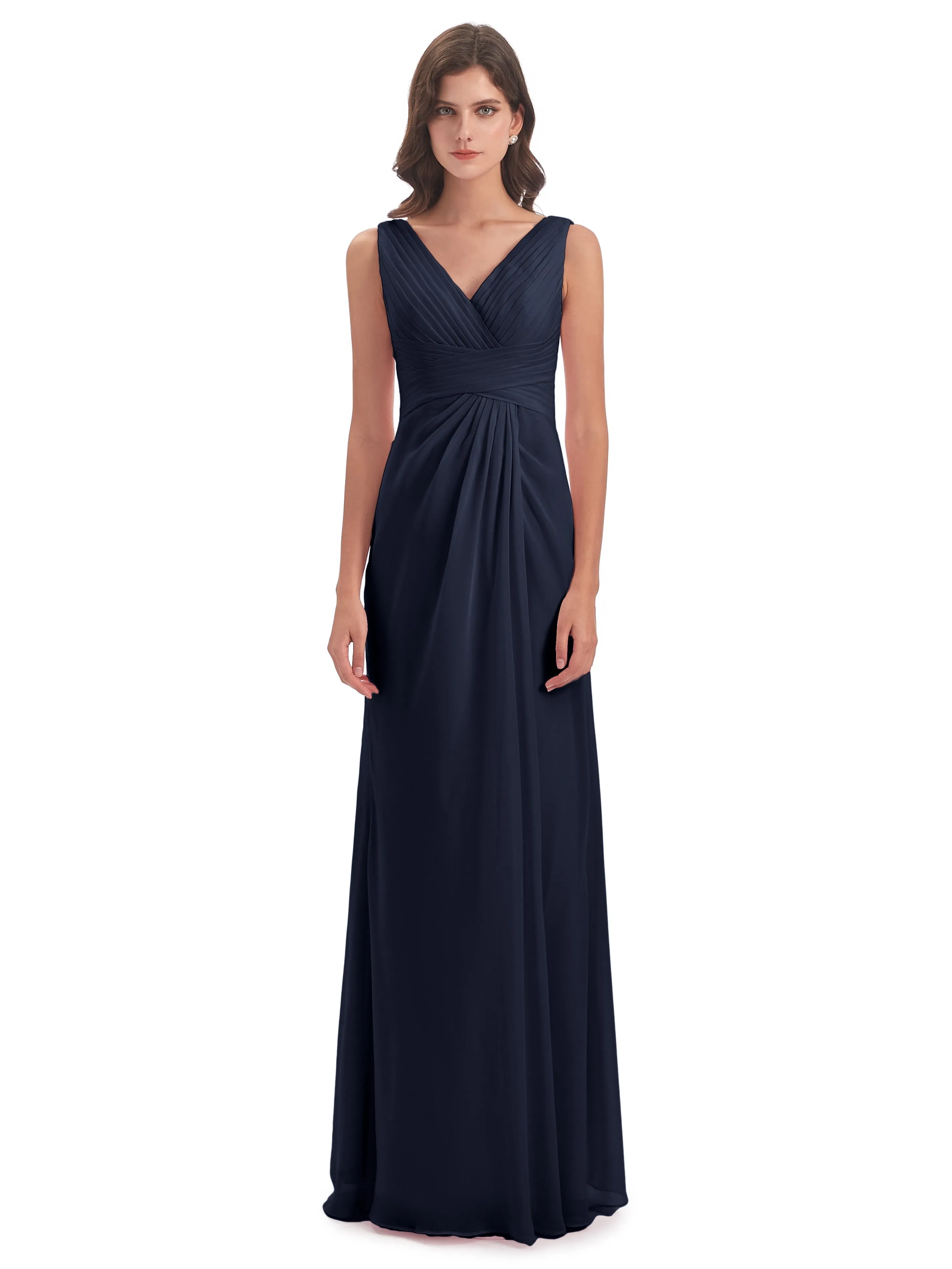 Caroline Unique V Neck Long Chiffon Bridesmaid Dresses