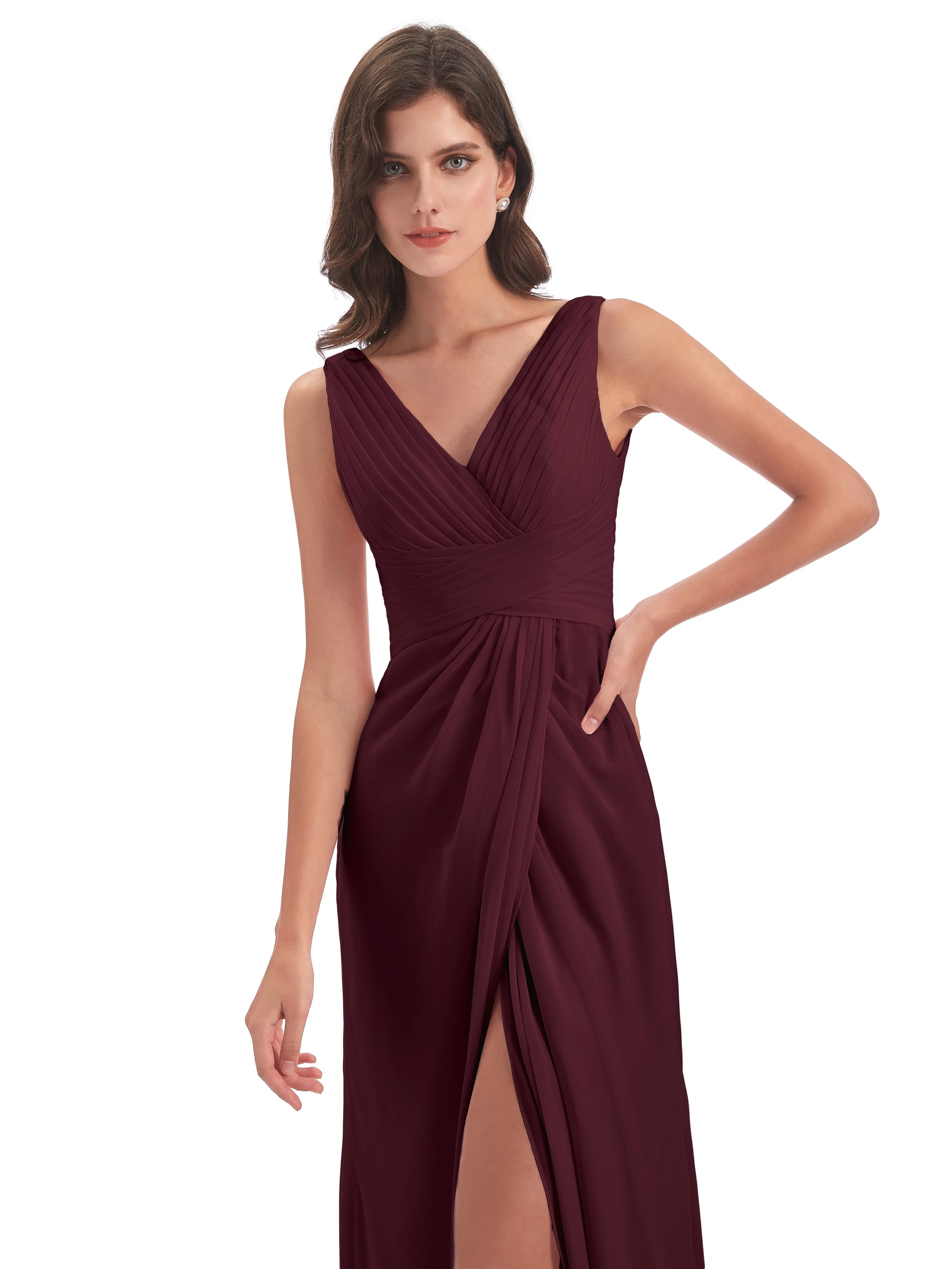 Caroline Unique V Neck Long Chiffon Bridesmaid Dresses