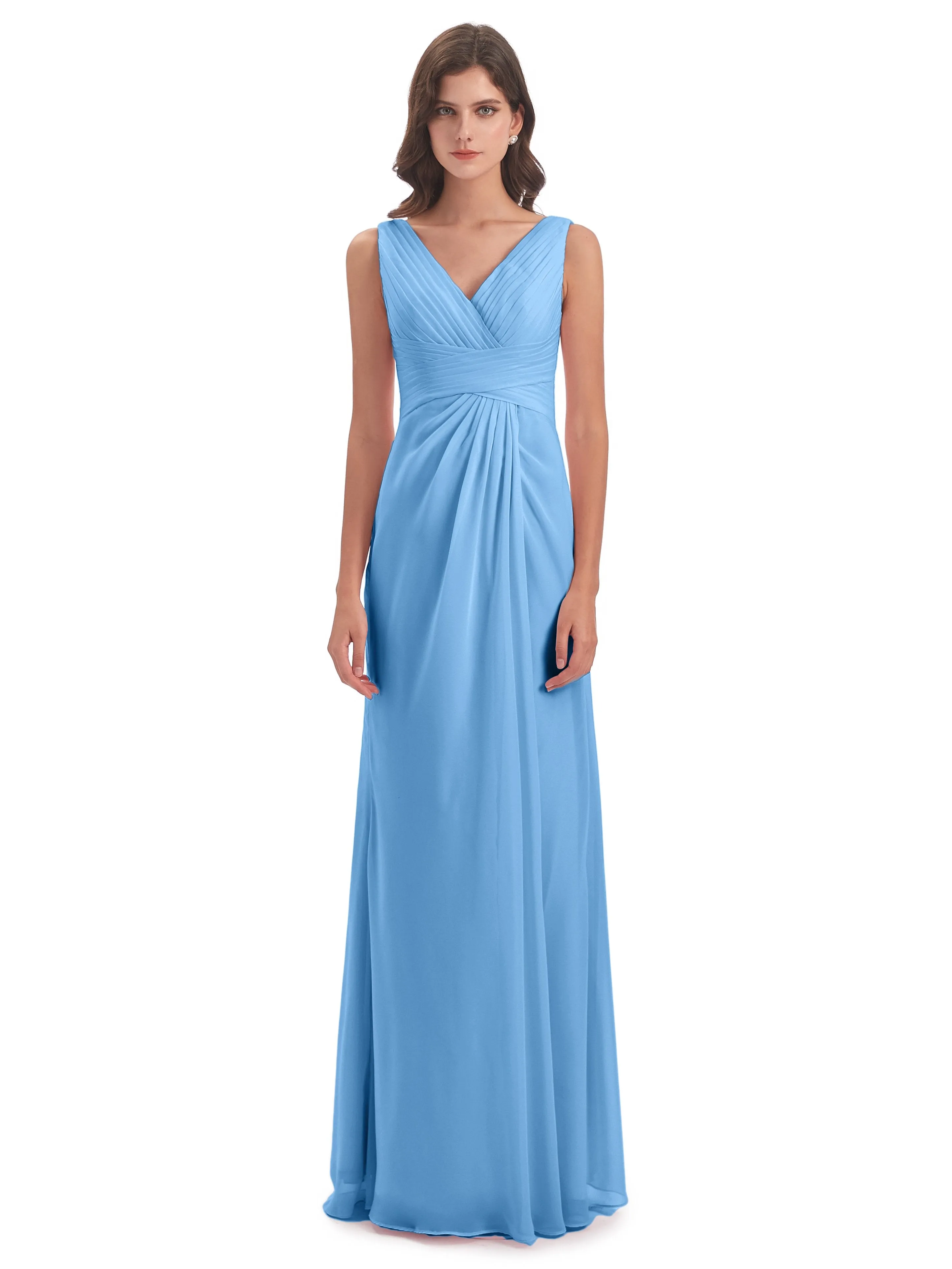 Caroline Unique V Neck Long Chiffon Bridesmaid Dresses