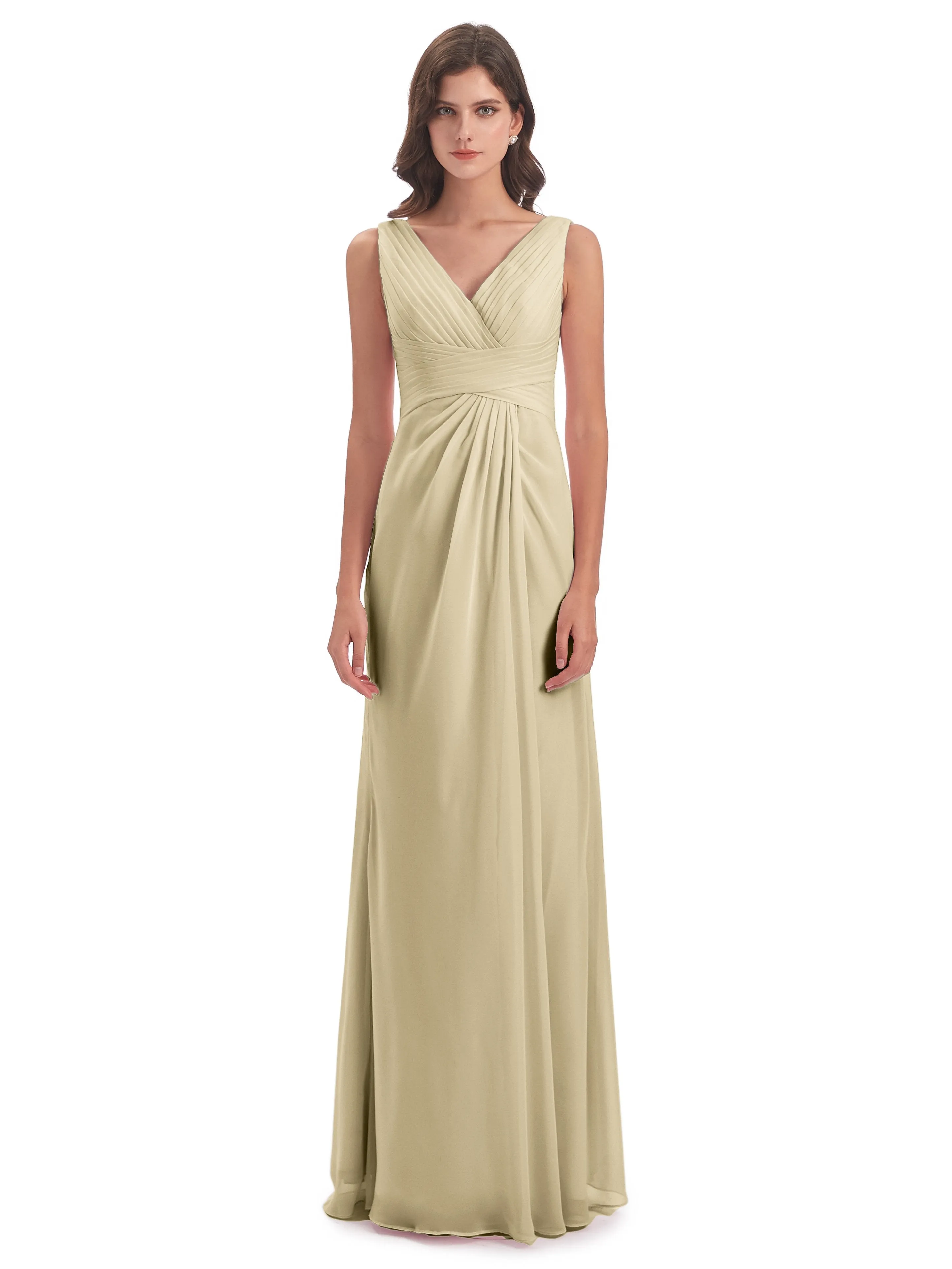 Caroline Unique V Neck Long Chiffon Bridesmaid Dresses