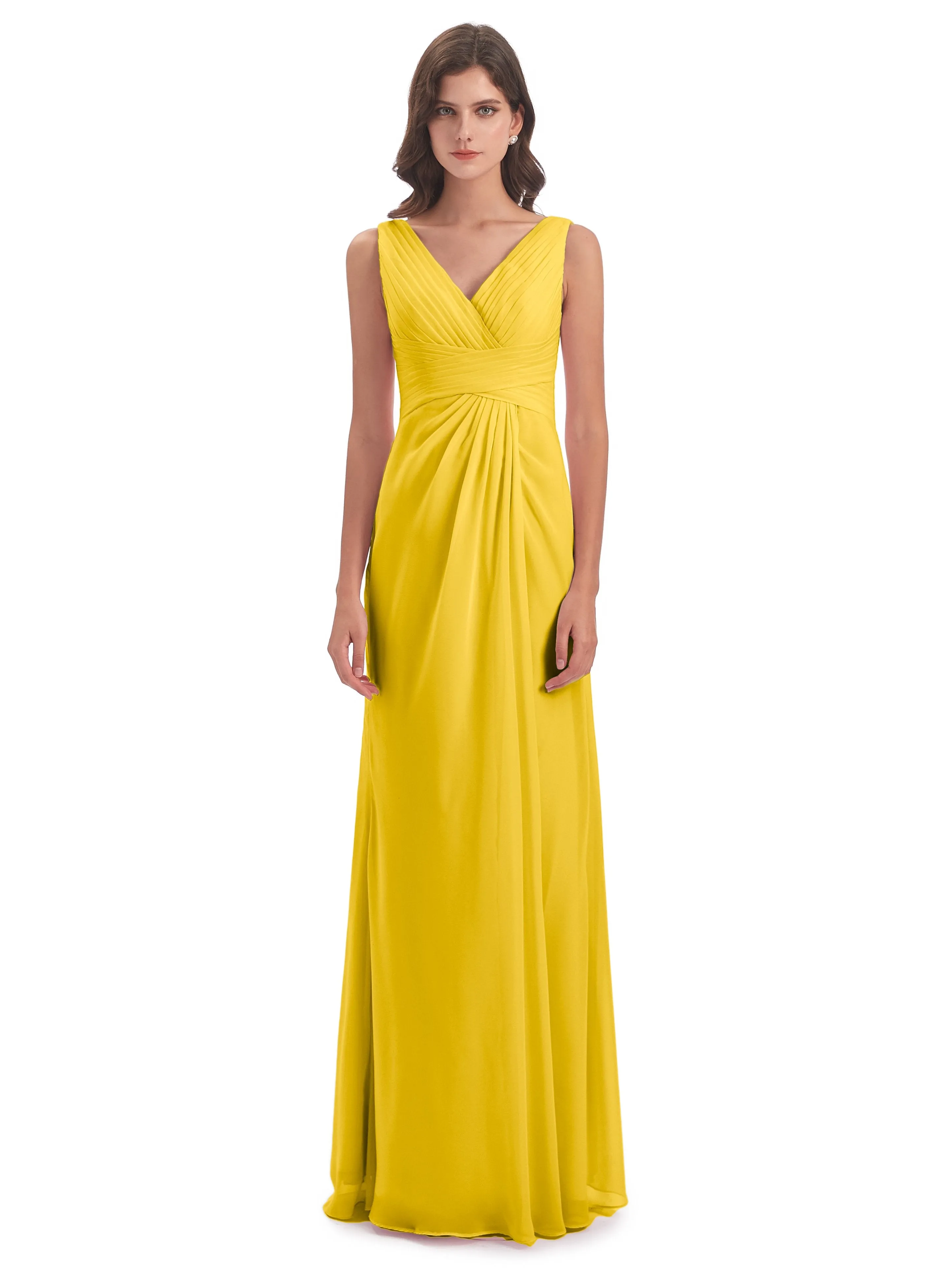 Caroline Unique V Neck Long Chiffon Bridesmaid Dresses