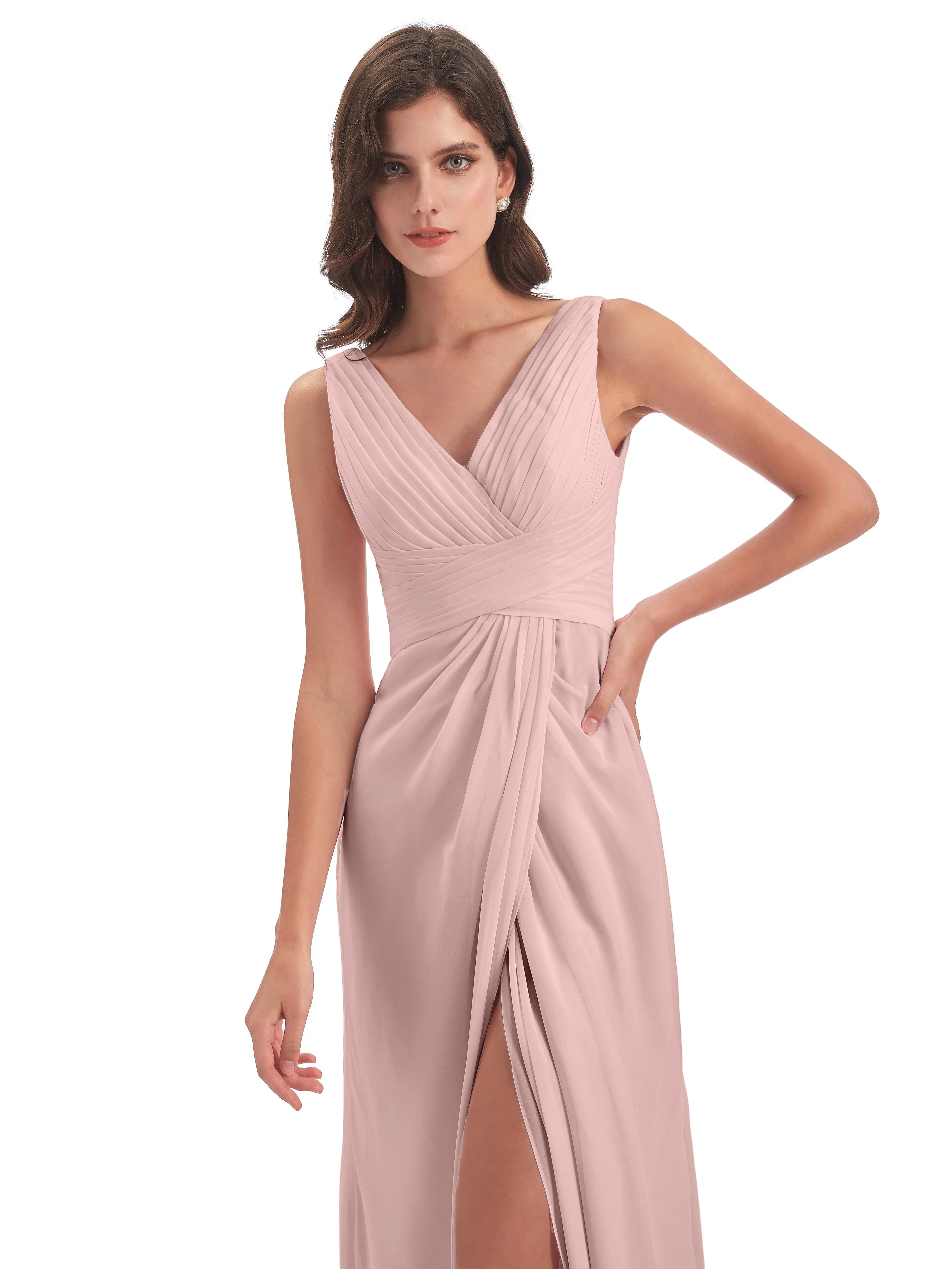 Caroline Unique V Neck Long Chiffon Bridesmaid Dresses