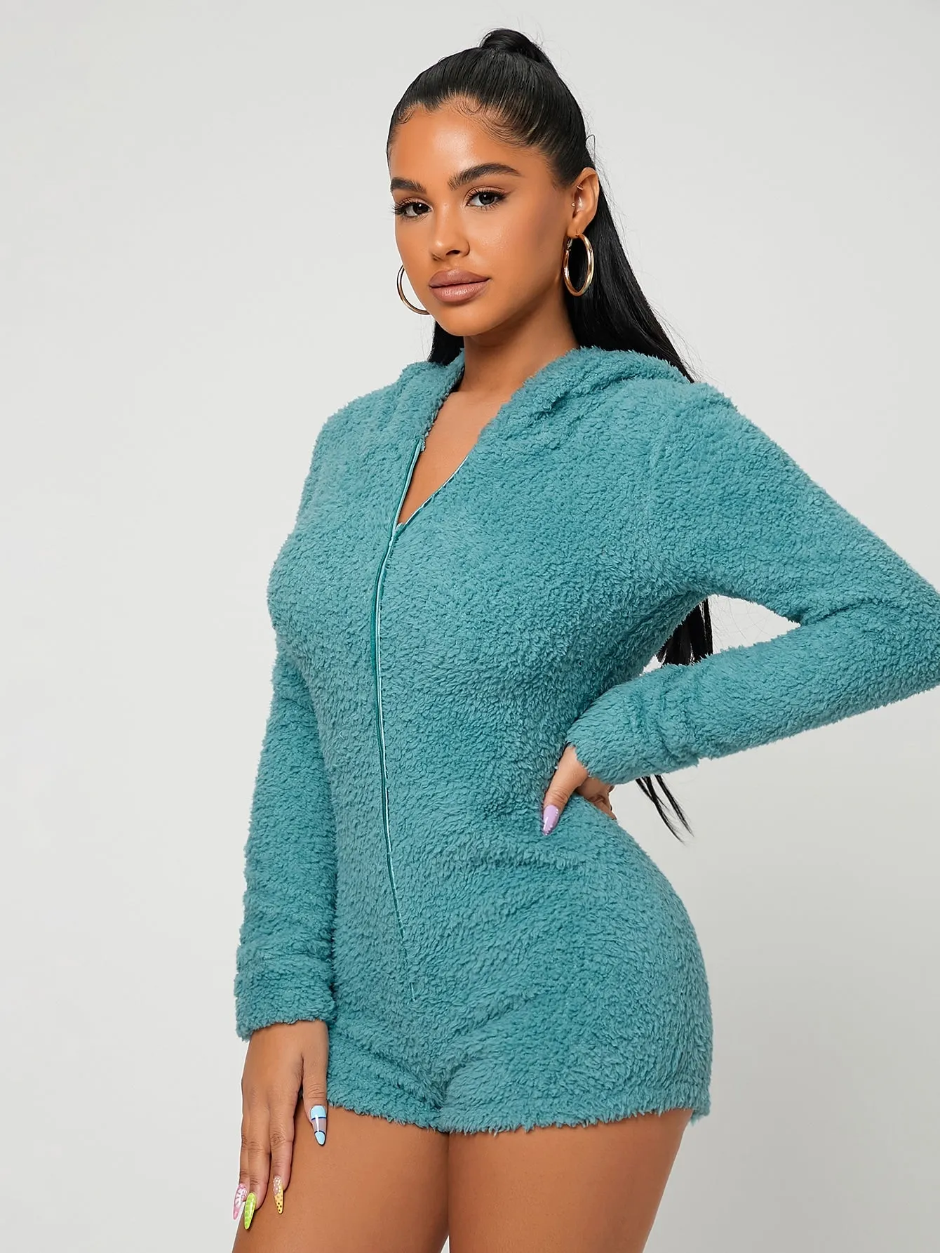 Casual Plain Zipper Long Sleeve Hooded Natural Short Women Jumpsuit