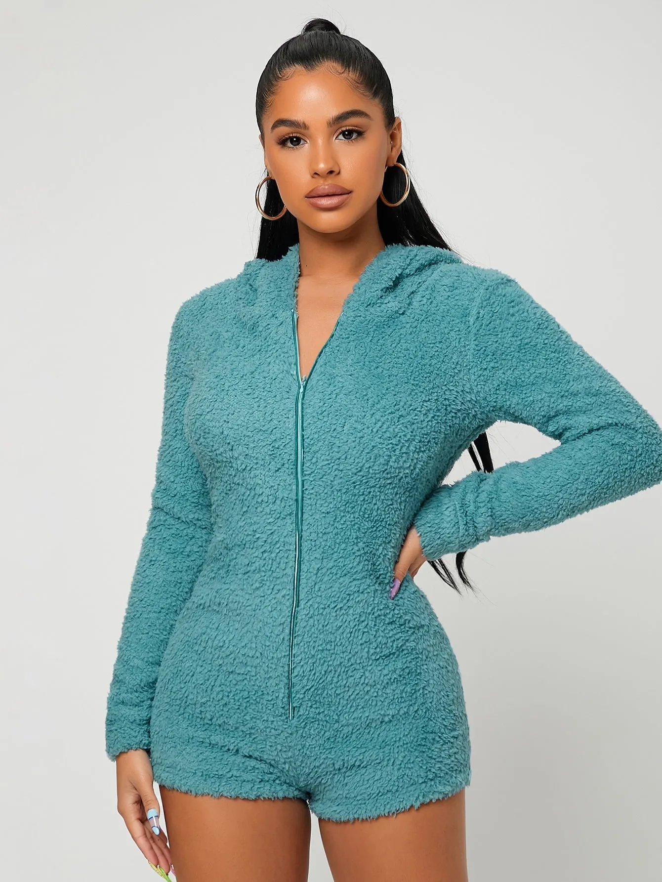 Casual Plain Zipper Long Sleeve Hooded Natural Short Women Jumpsuit