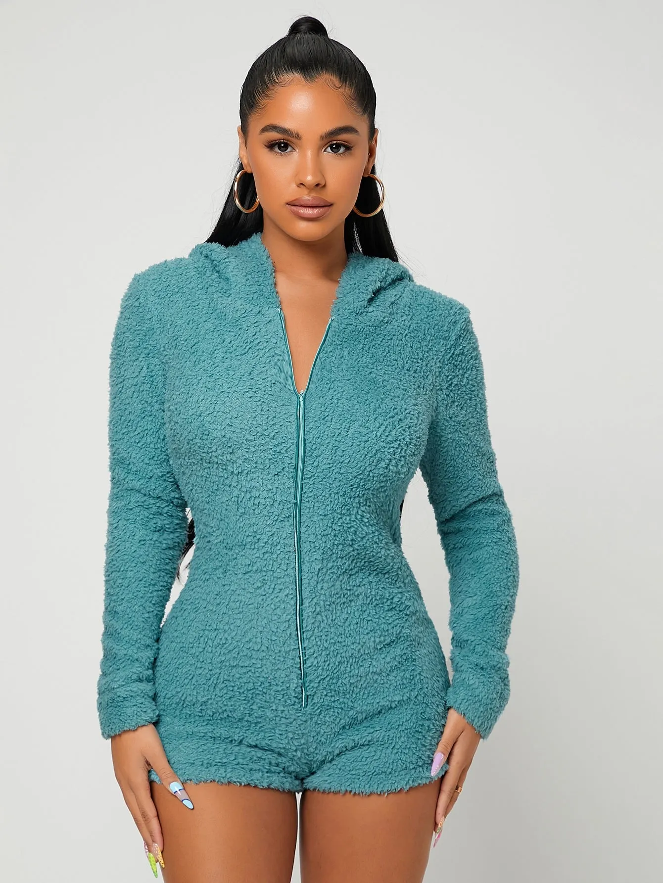 Casual Plain Zipper Long Sleeve Hooded Natural Short Women Jumpsuit