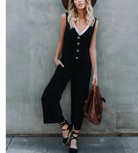 Casual V-Neck Solid Loose Wide Leg Jumpsuit Rompers