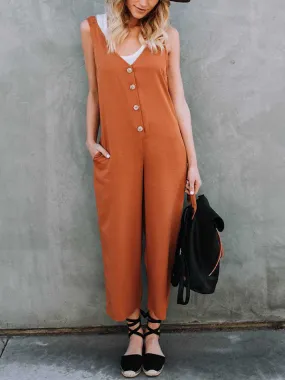 Casual V-Neck Solid Loose Wide Leg Jumpsuit Rompers