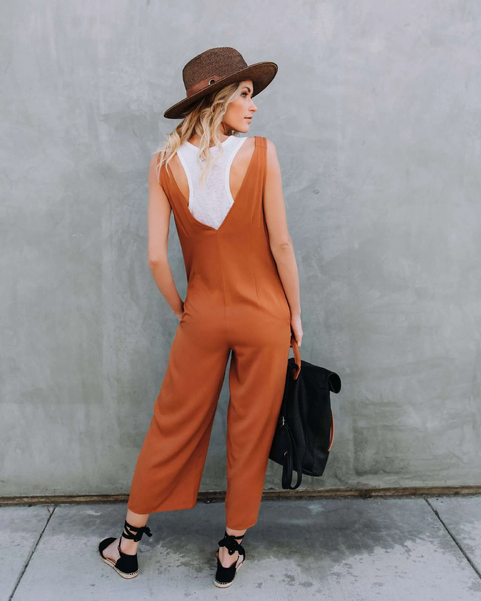 Casual V-Neck Solid Loose Wide Leg Jumpsuit Rompers