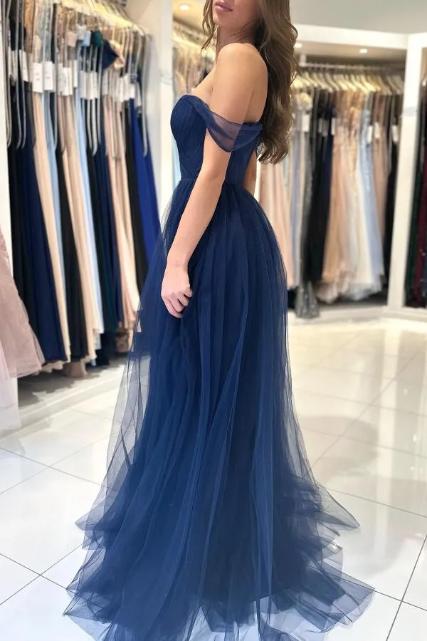 Charming Long A-line Sweetheart Off-The-Shoulder Tulle Prom Dresses