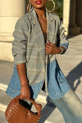 Chic Plaid Denim Splicing Button Back Blazer