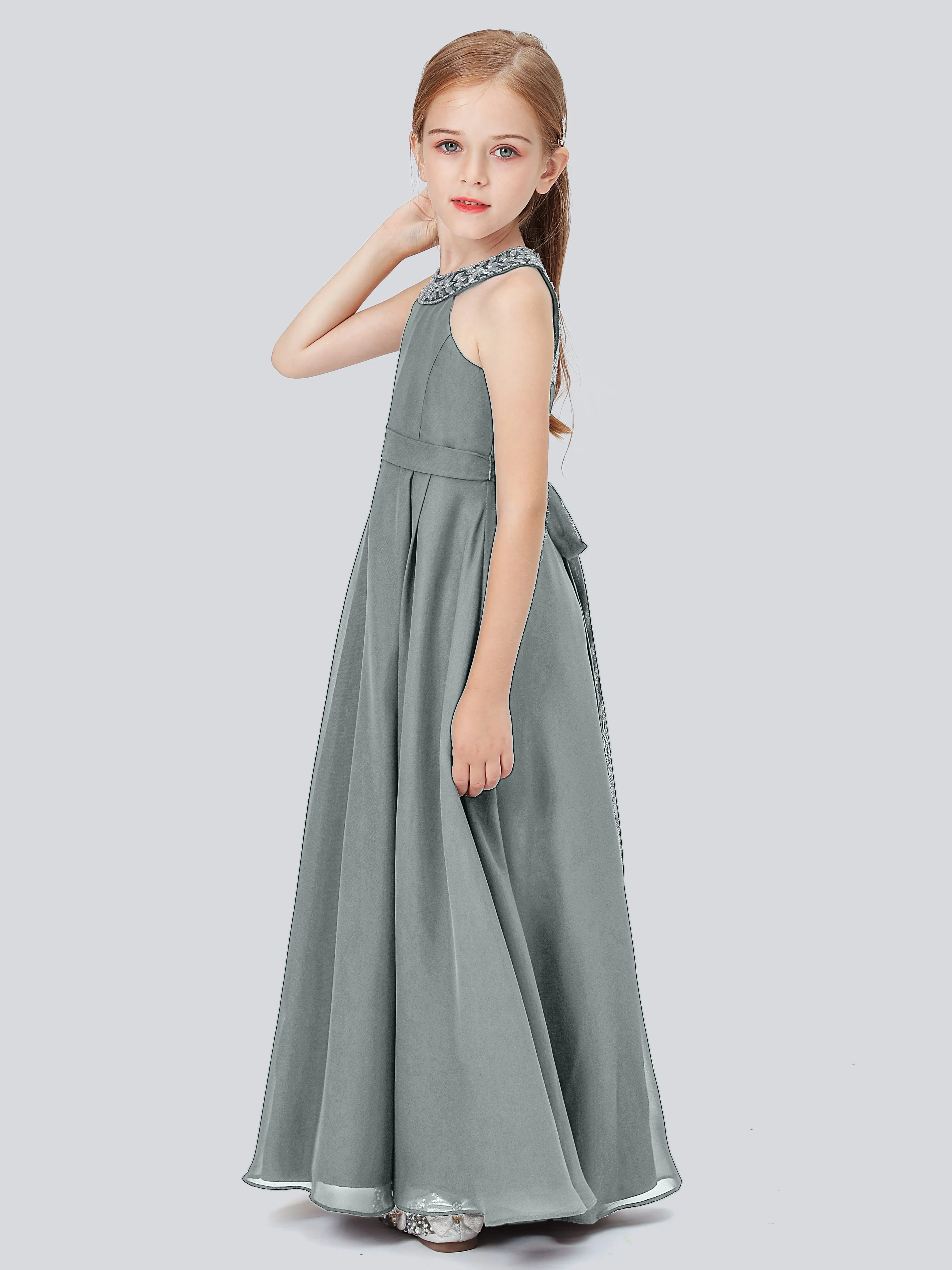 Chiffon Junior Bridesmaid Dress with Beaded Neckline