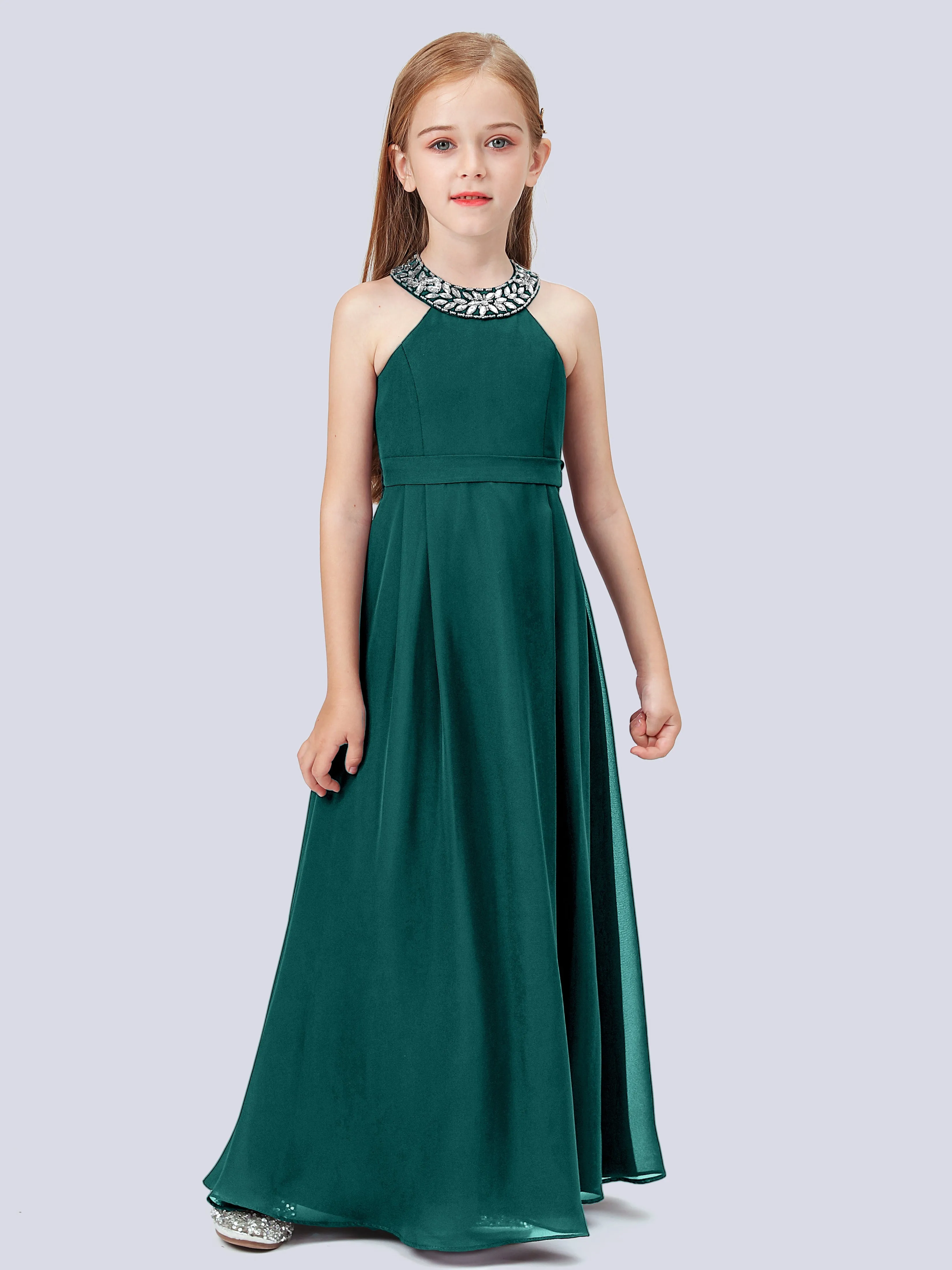 Chiffon Junior Bridesmaid Dress with Beaded Neckline