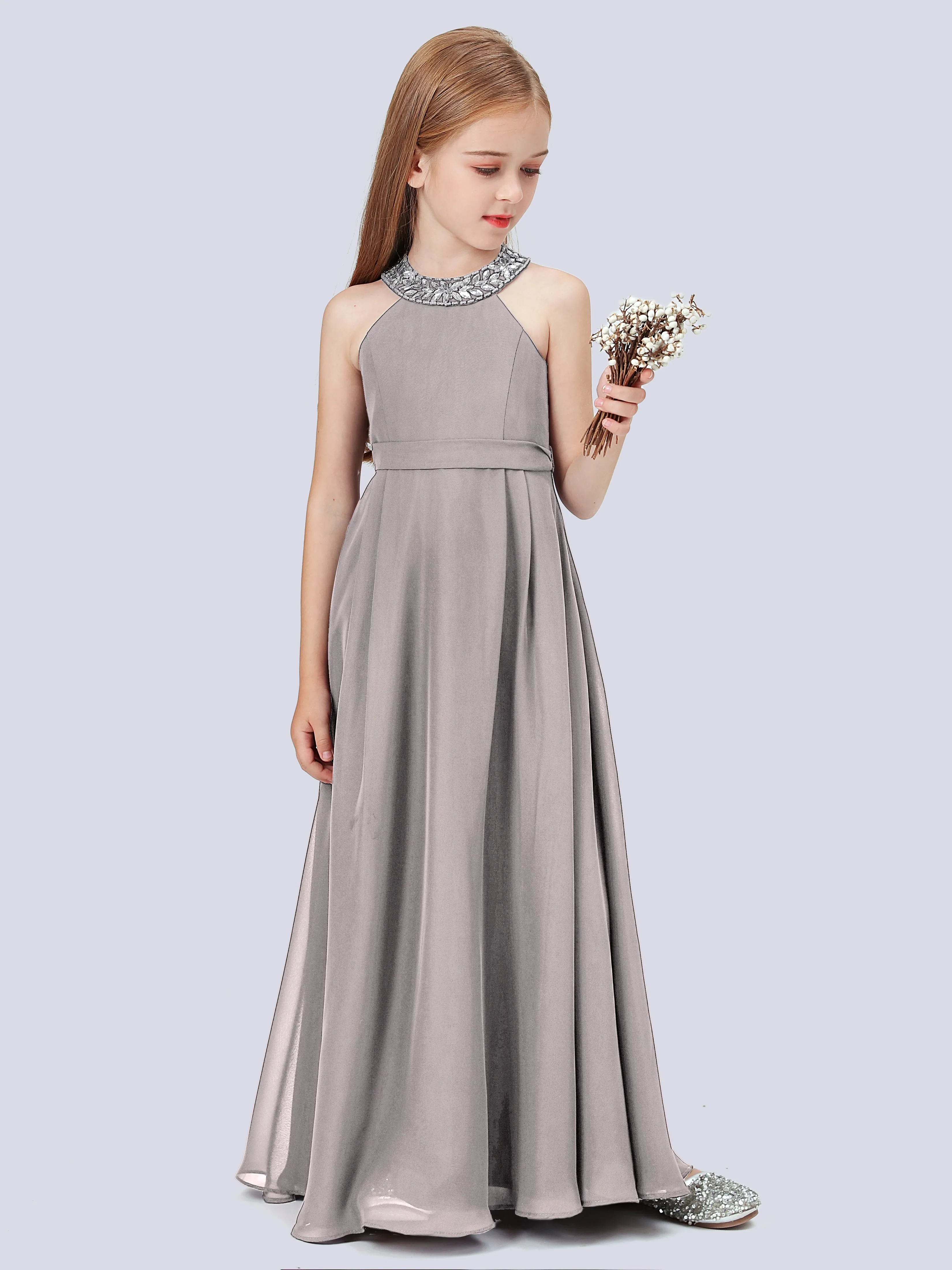 Chiffon Junior Bridesmaid Dress with Beaded Neckline