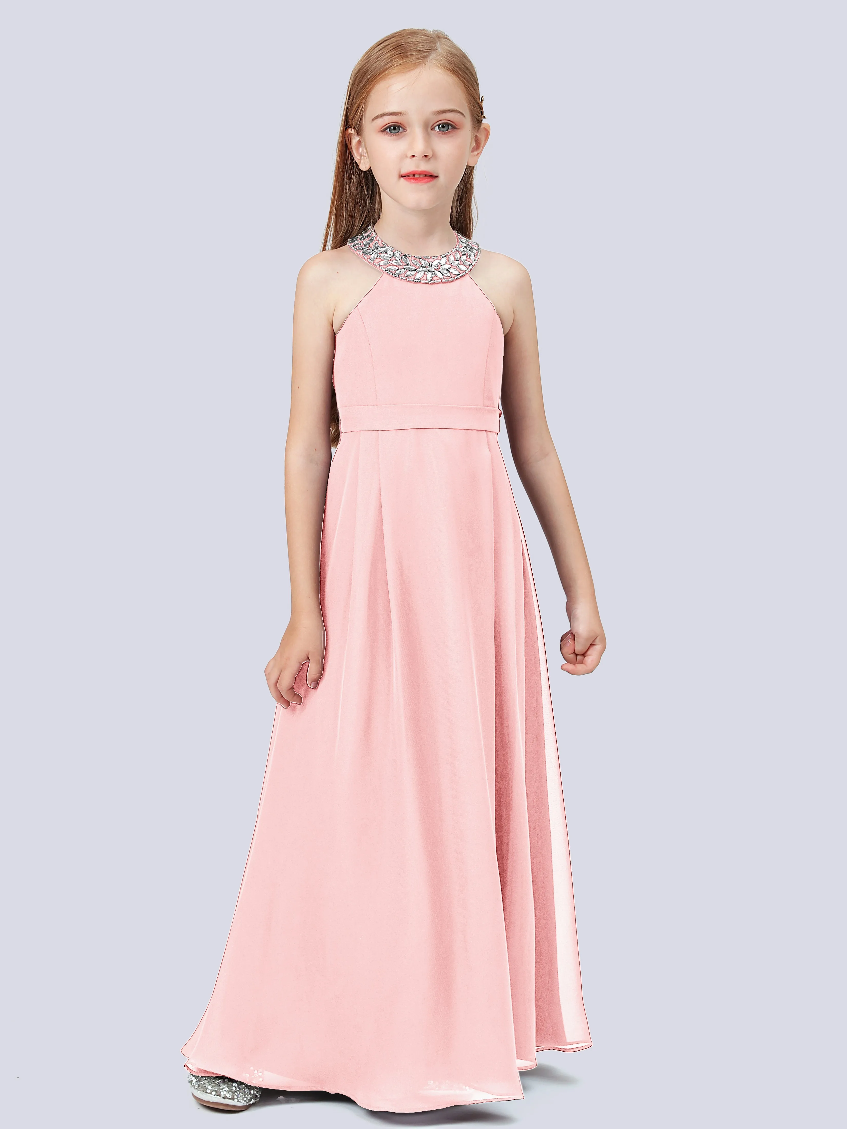 Chiffon Junior Bridesmaid Dress with Beaded Neckline