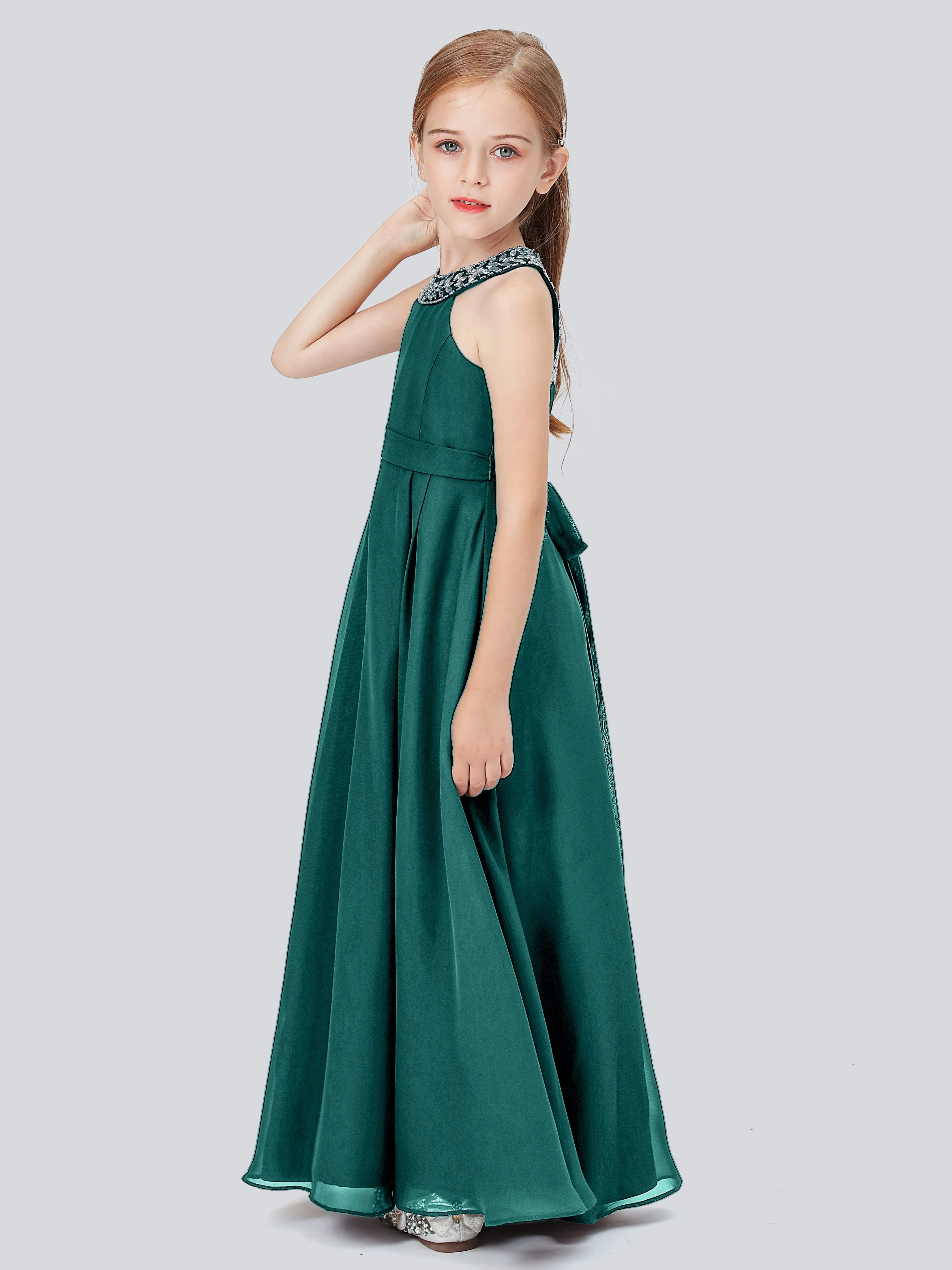 Chiffon Junior Bridesmaid Dress with Beaded Neckline