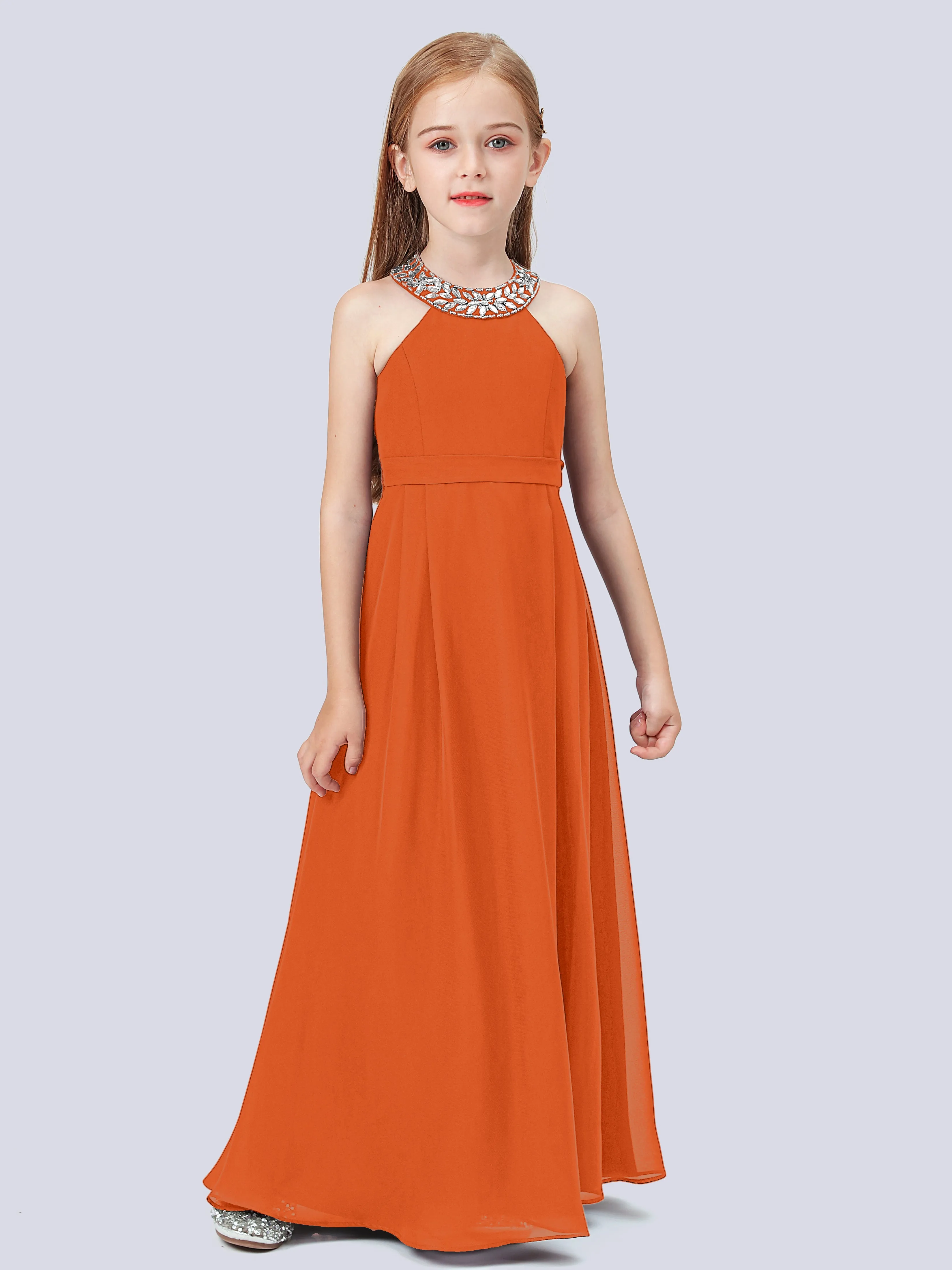 Chiffon Junior Bridesmaid Dress with Beaded Neckline