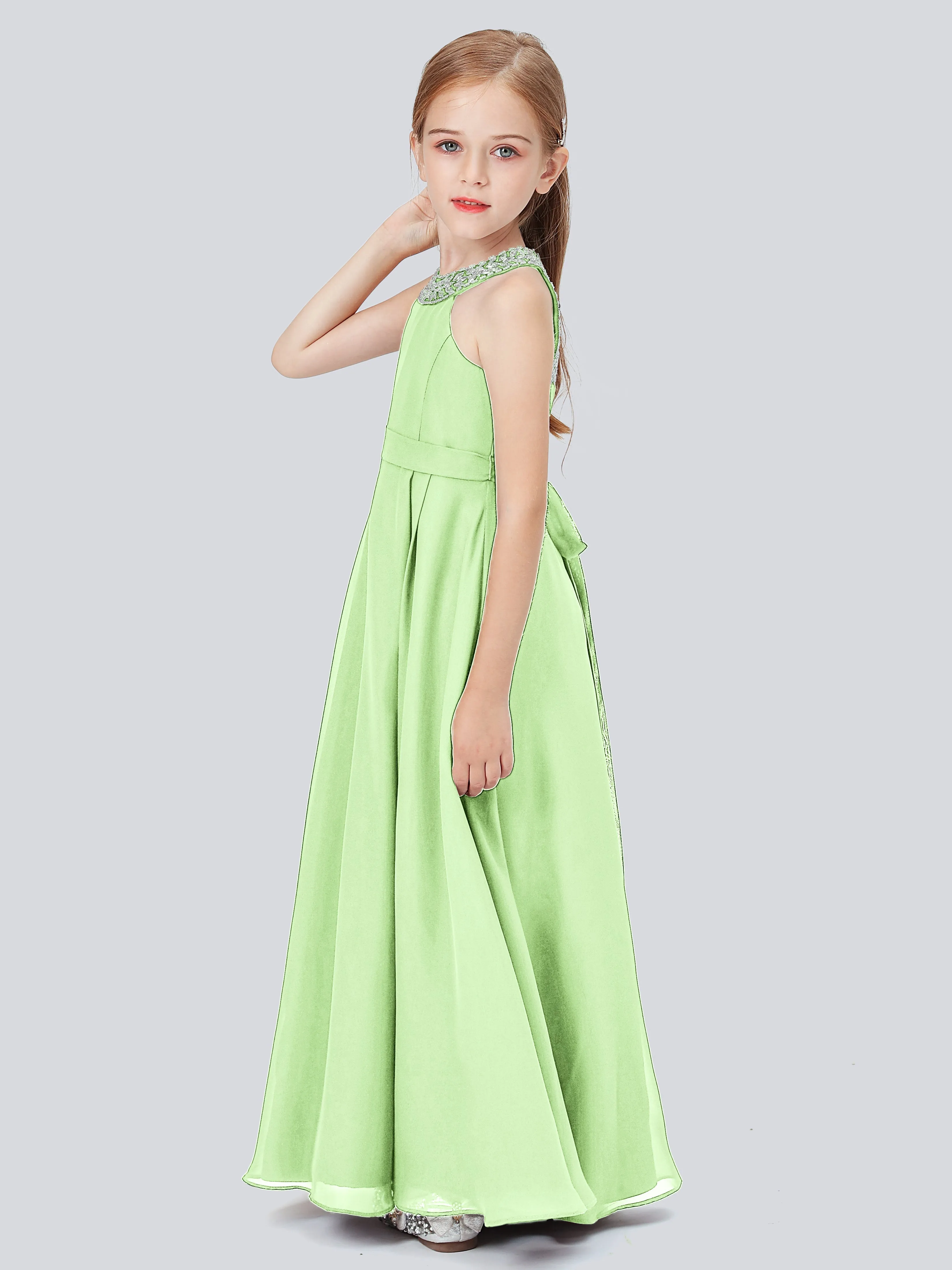 Chiffon Junior Bridesmaid Dress with Beaded Neckline