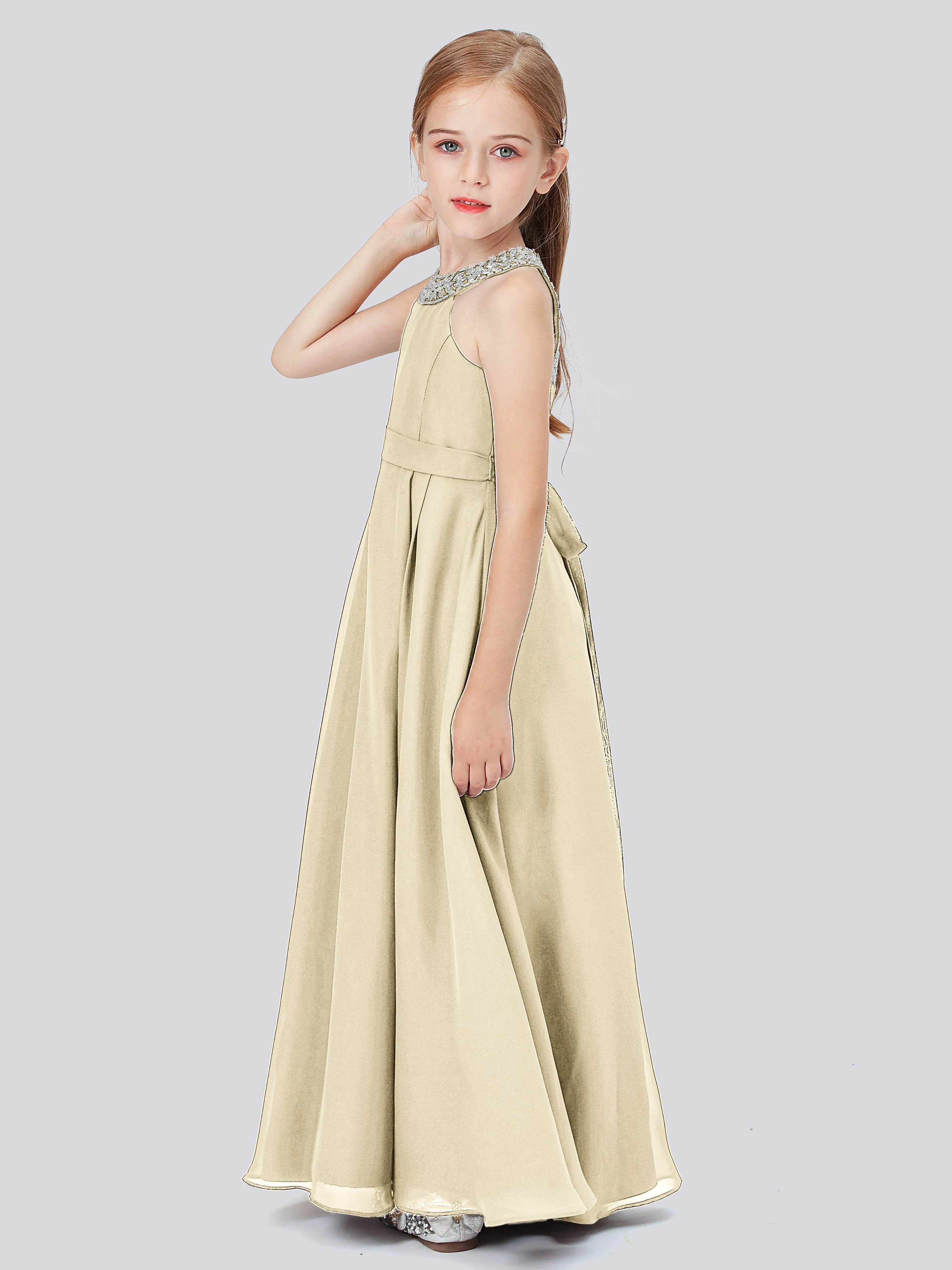 Chiffon Junior Bridesmaid Dress with Beaded Neckline