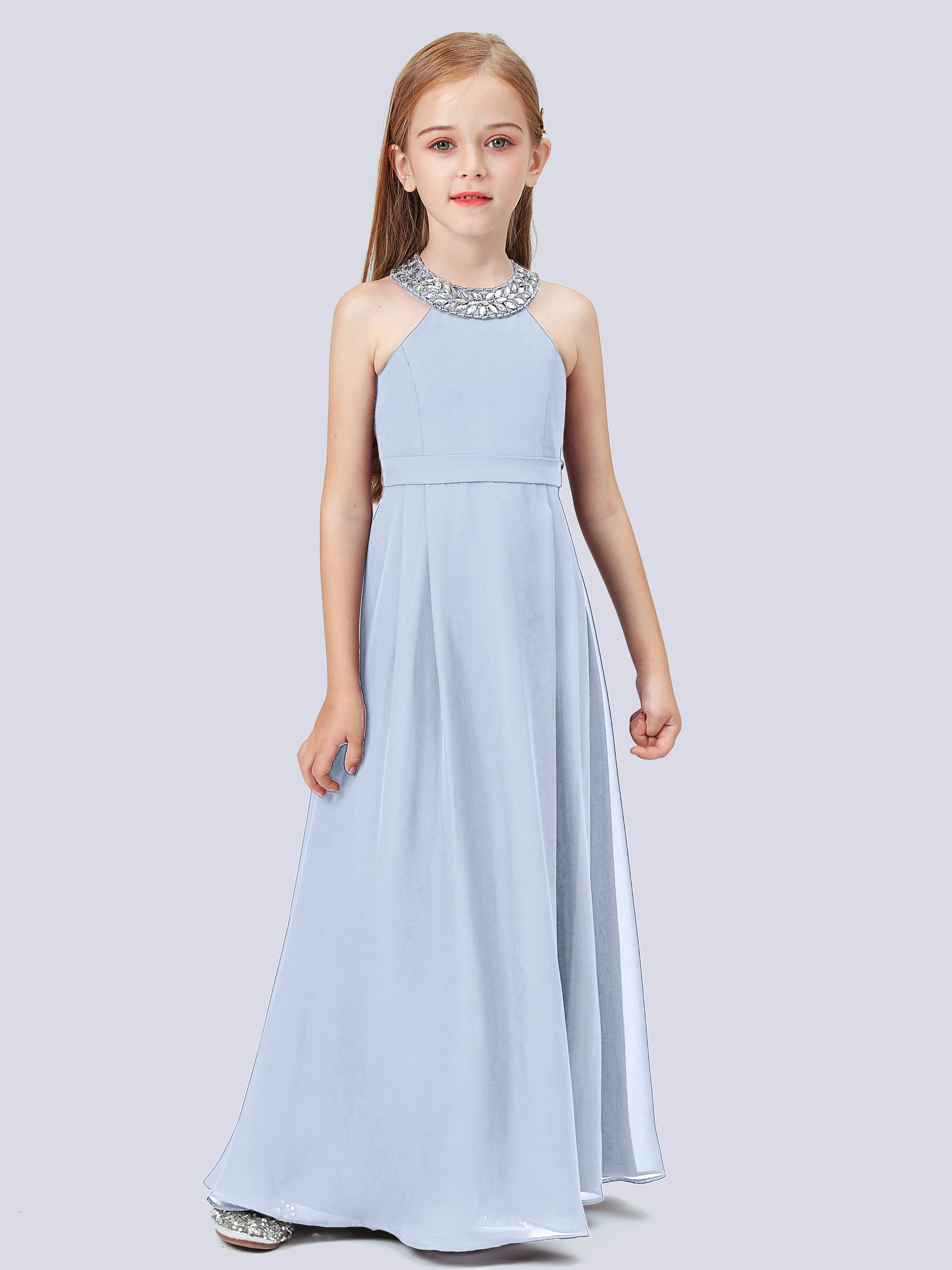 Chiffon Junior Bridesmaid Dress with Beaded Neckline