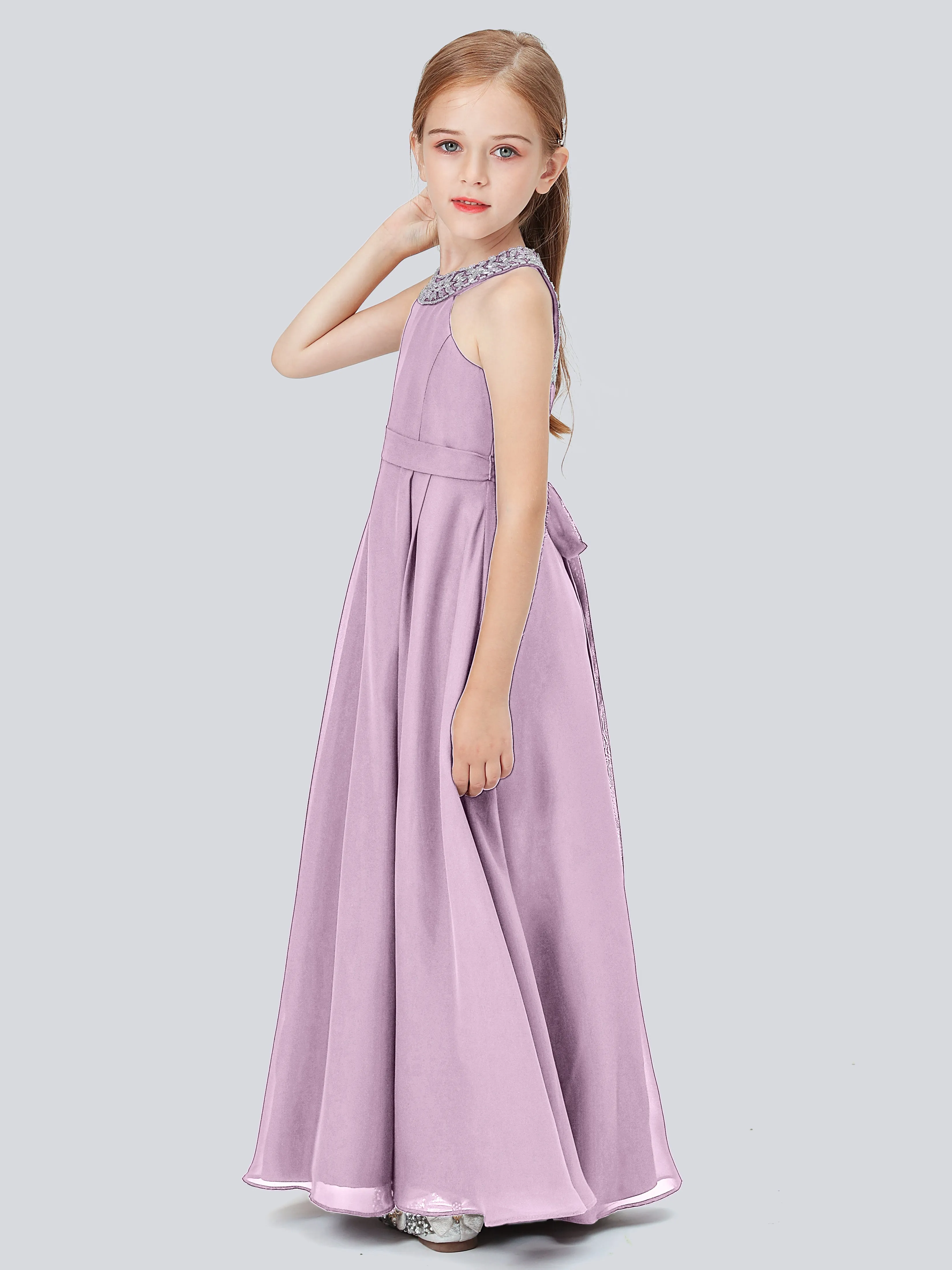 Chiffon Junior Bridesmaid Dress with Beaded Neckline